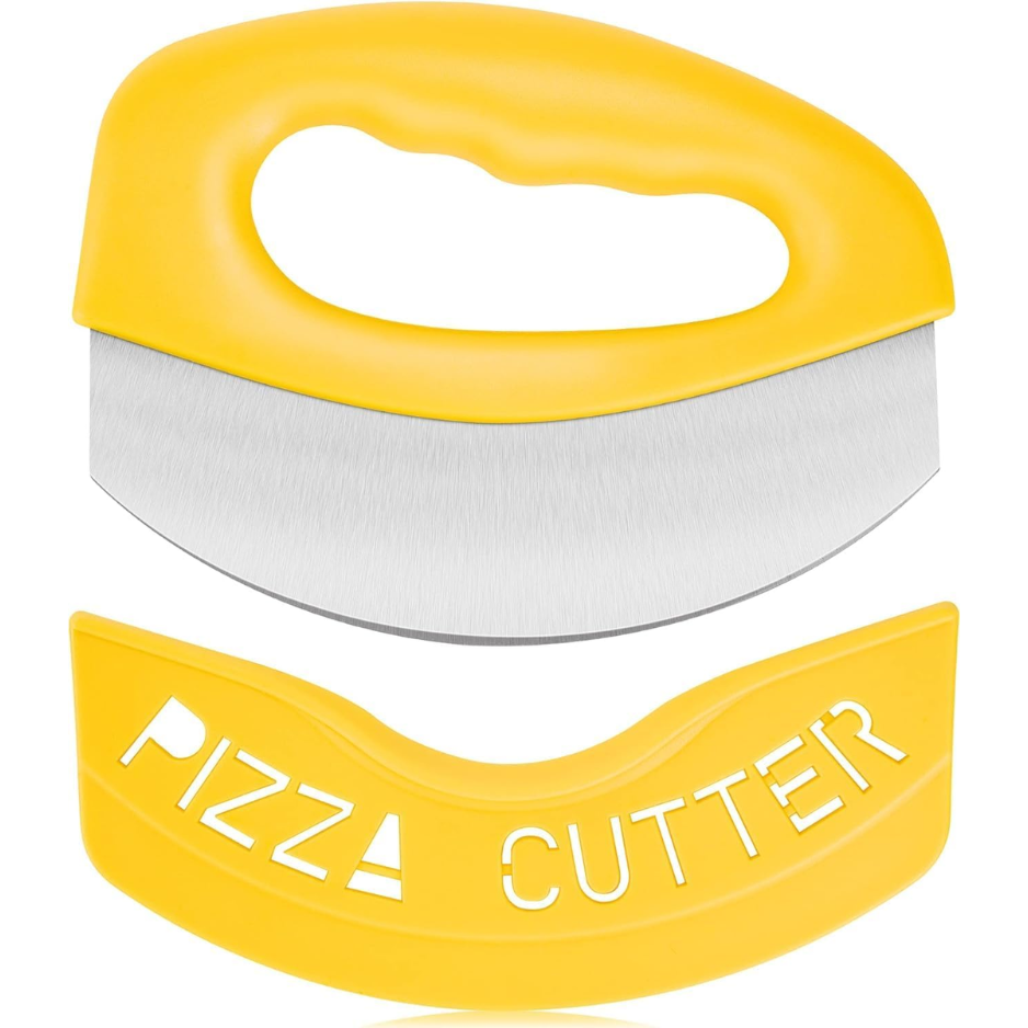 Coupe-pizza acier inoxydable basculant jaune 6x4,5 po avec protège-lame