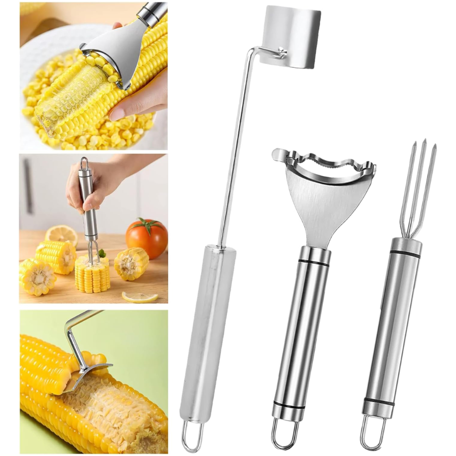 3 outils éplucheur maïs acier inox ensemble grattoir noyaux