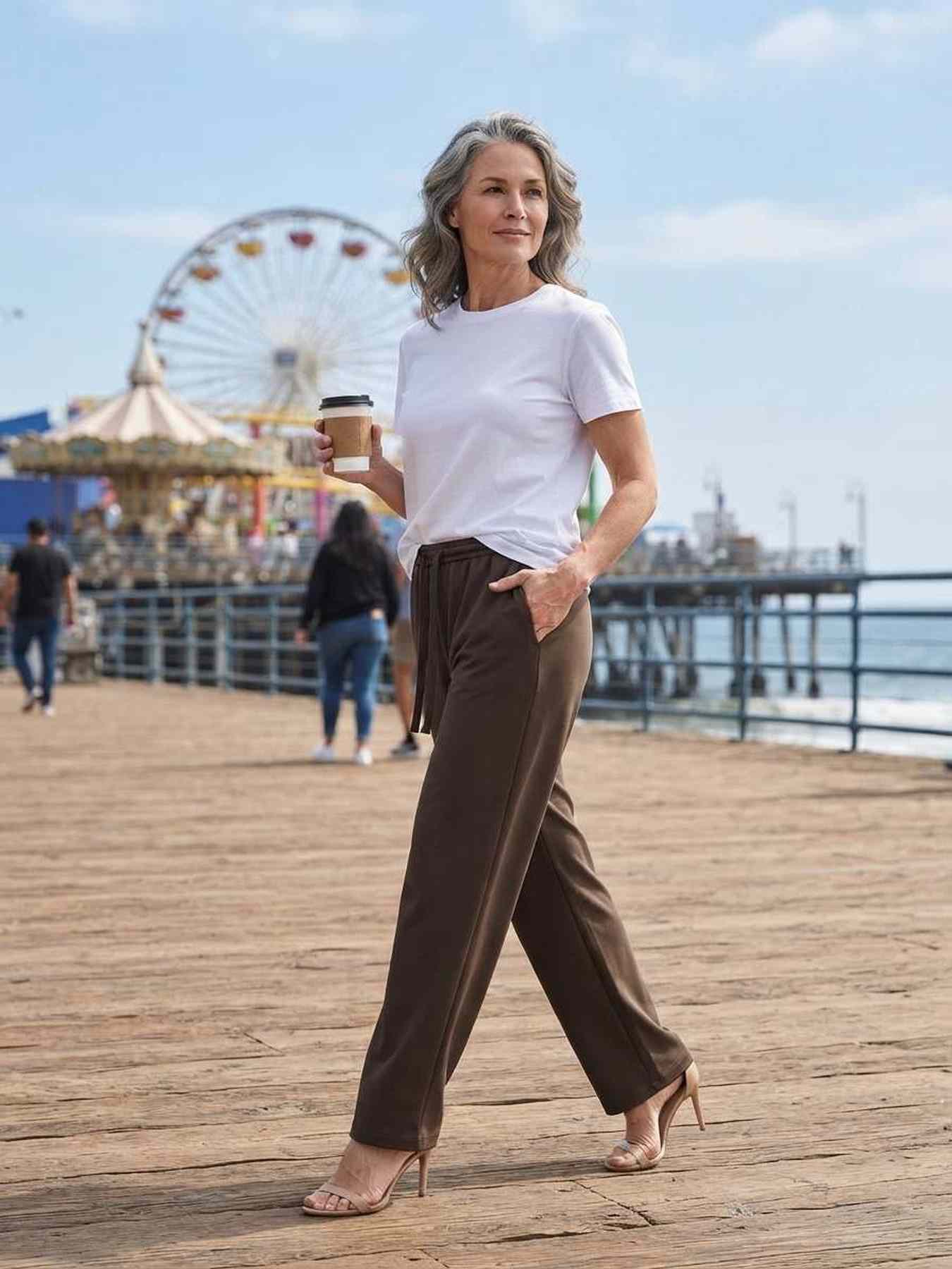 Pantalon long femme jambe droite décontracté