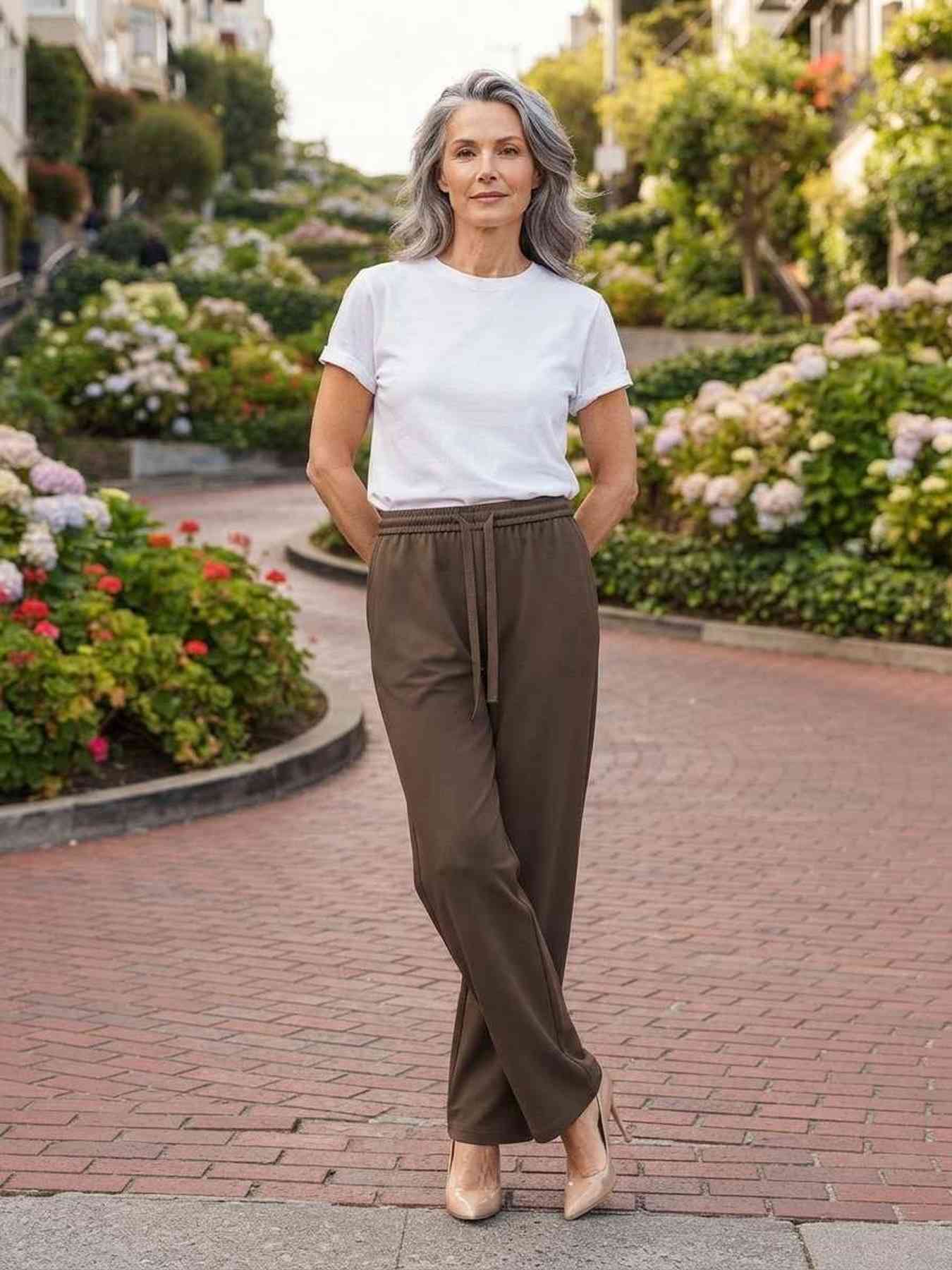 Pantalon long femme jambe droite décontracté