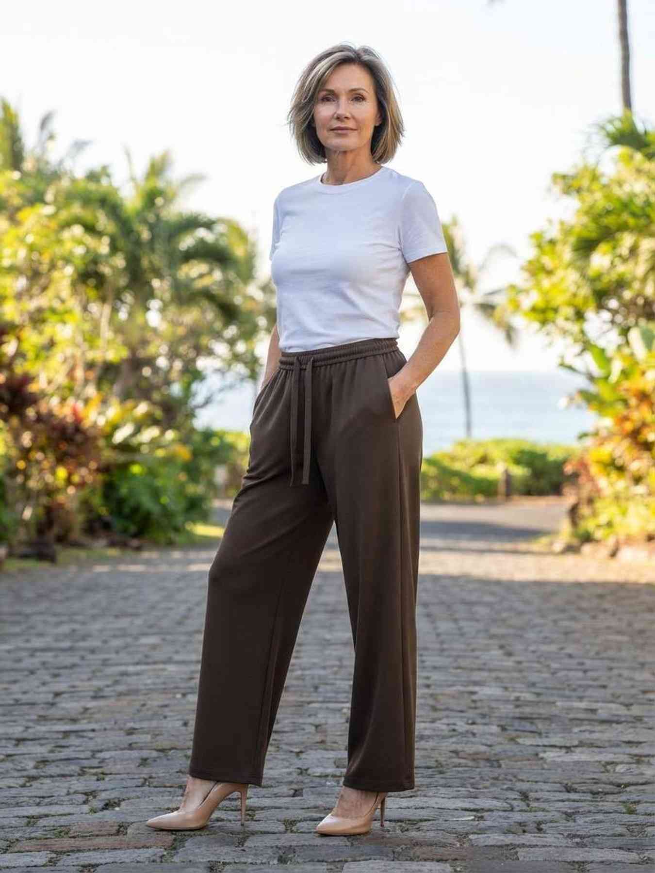 Pantalon long femme jambe droite décontracté