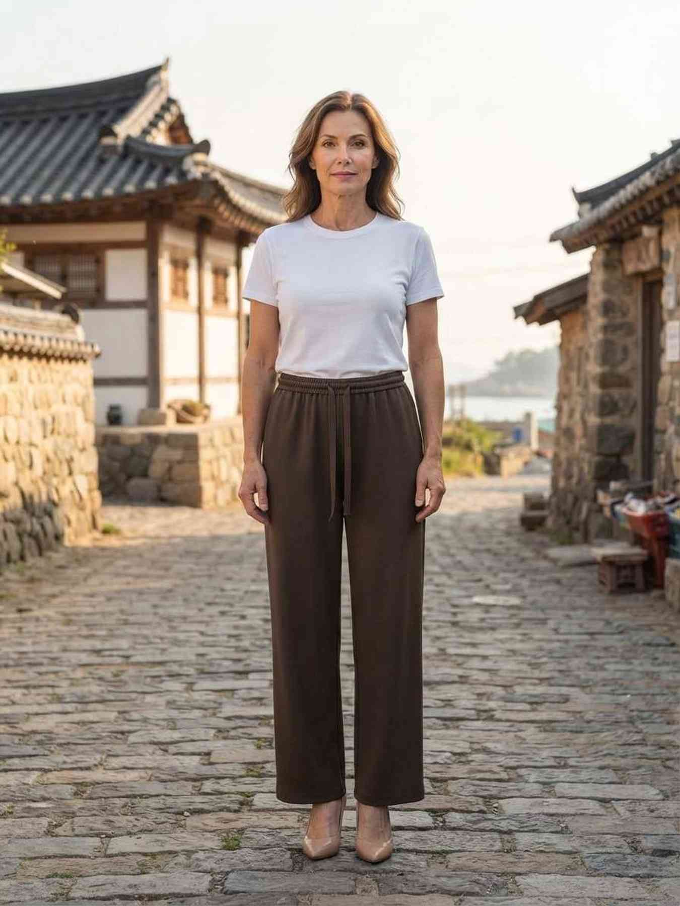 Pantalon femme long, coupe droite, style décontracté avec cordon