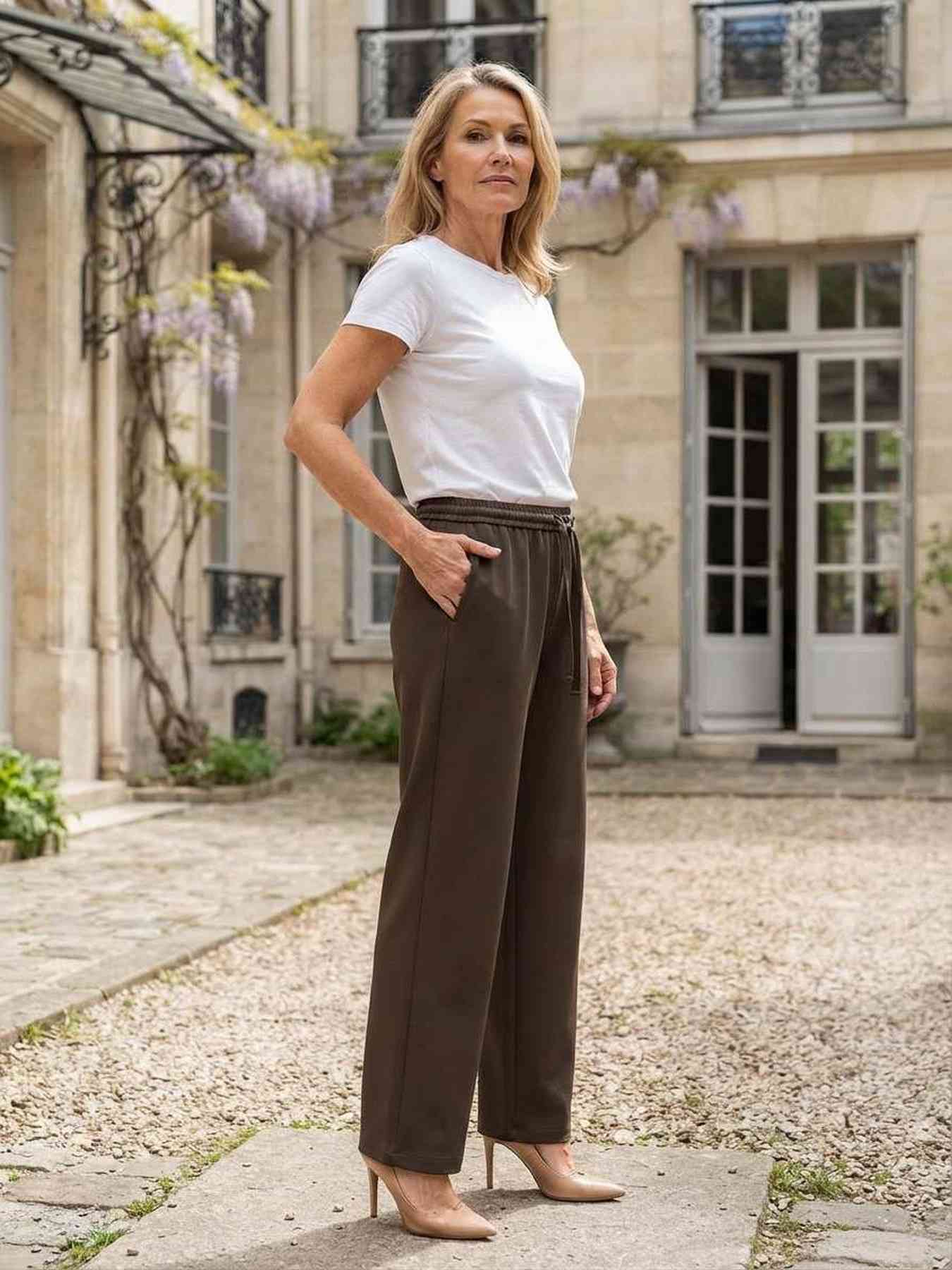Pantalon femme long, coupe droite, style décontracté avec cordon