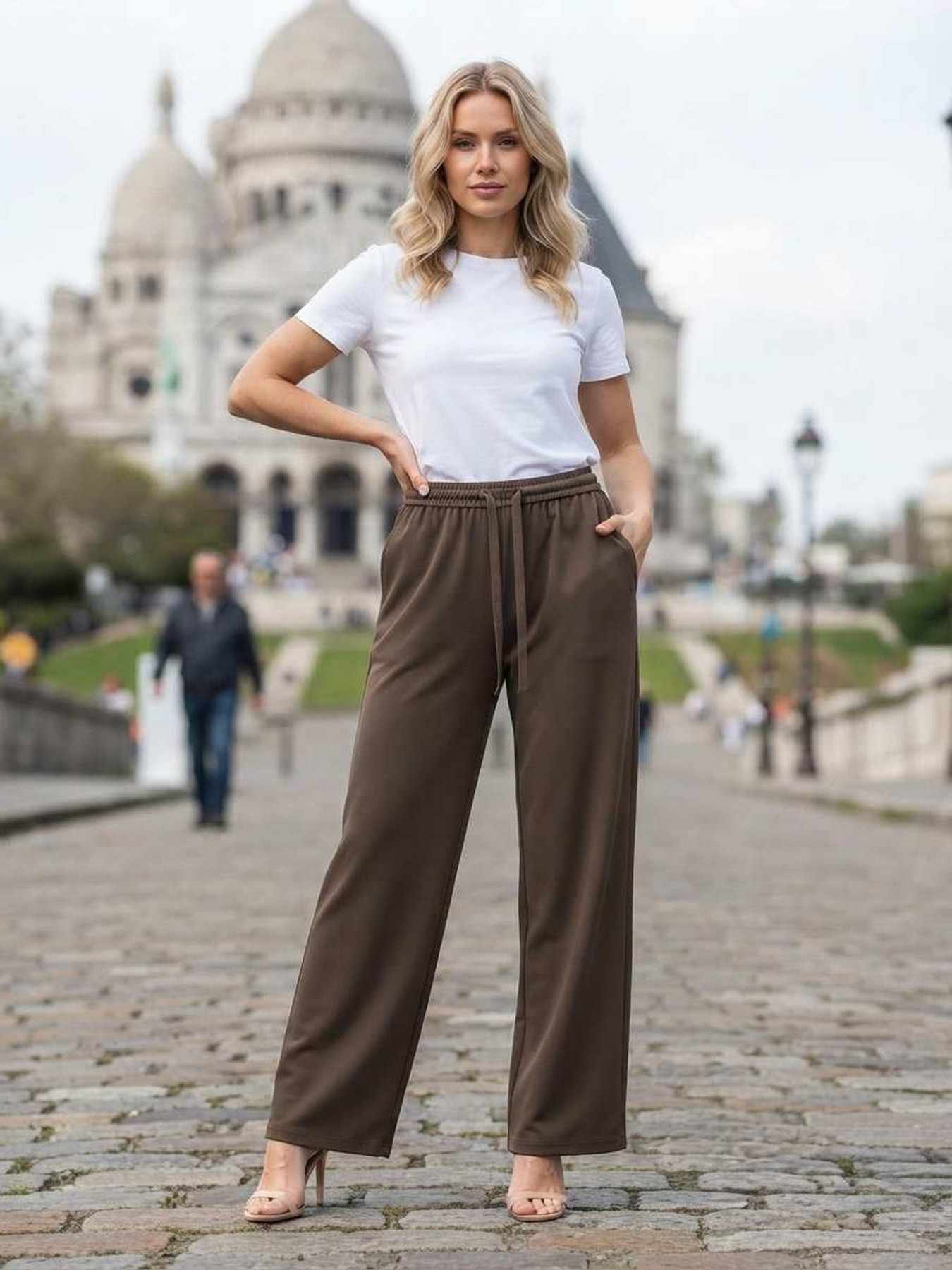 Pantalon casual femme long, jambe droite, sportif, cordon de serrage, usage quotidien