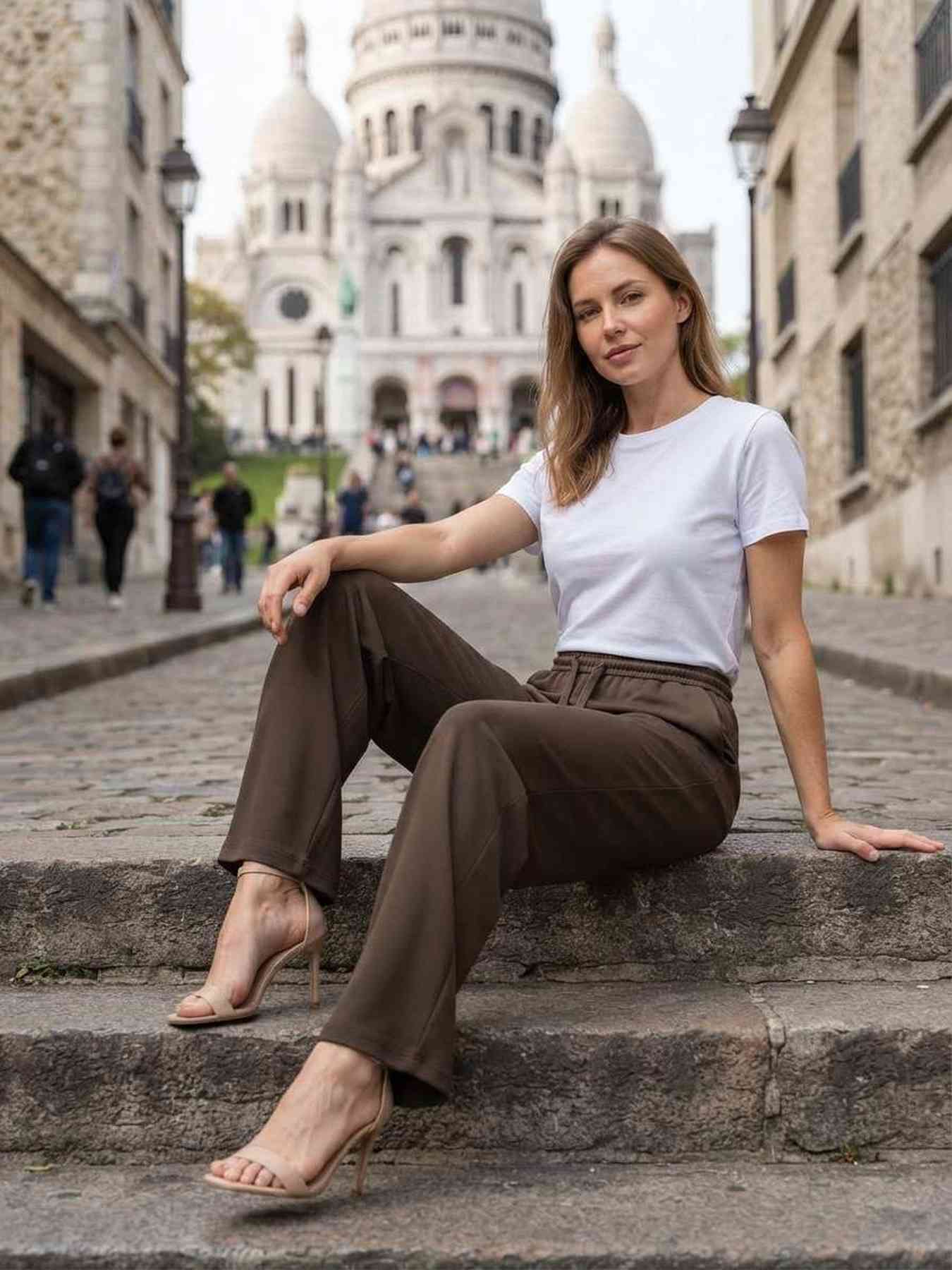 Pantalon casual femme long, jambe droite, sportif, cordon de serrage, usage quotidien