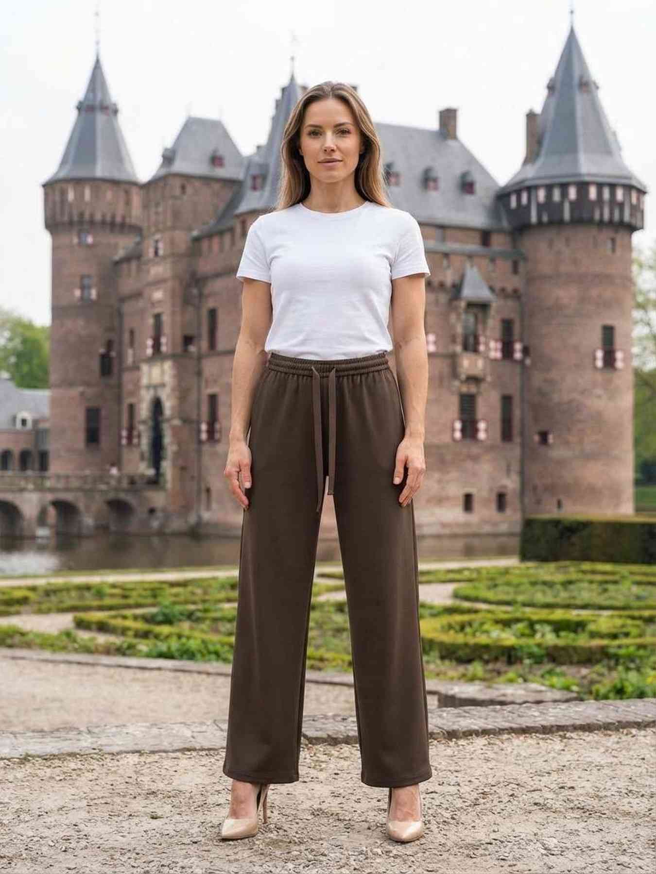 Pantalon casual femme long, jambe droite, sportif, cordon de serrage, usage quotidien