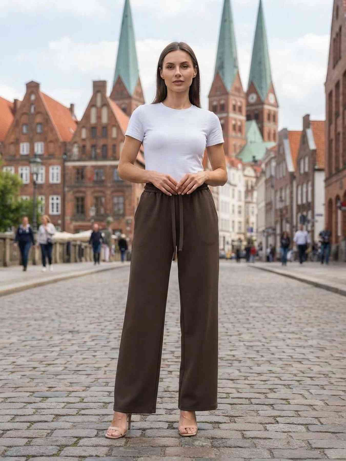 Pantalon femme long, coupe droite, style décontracté avec cordon