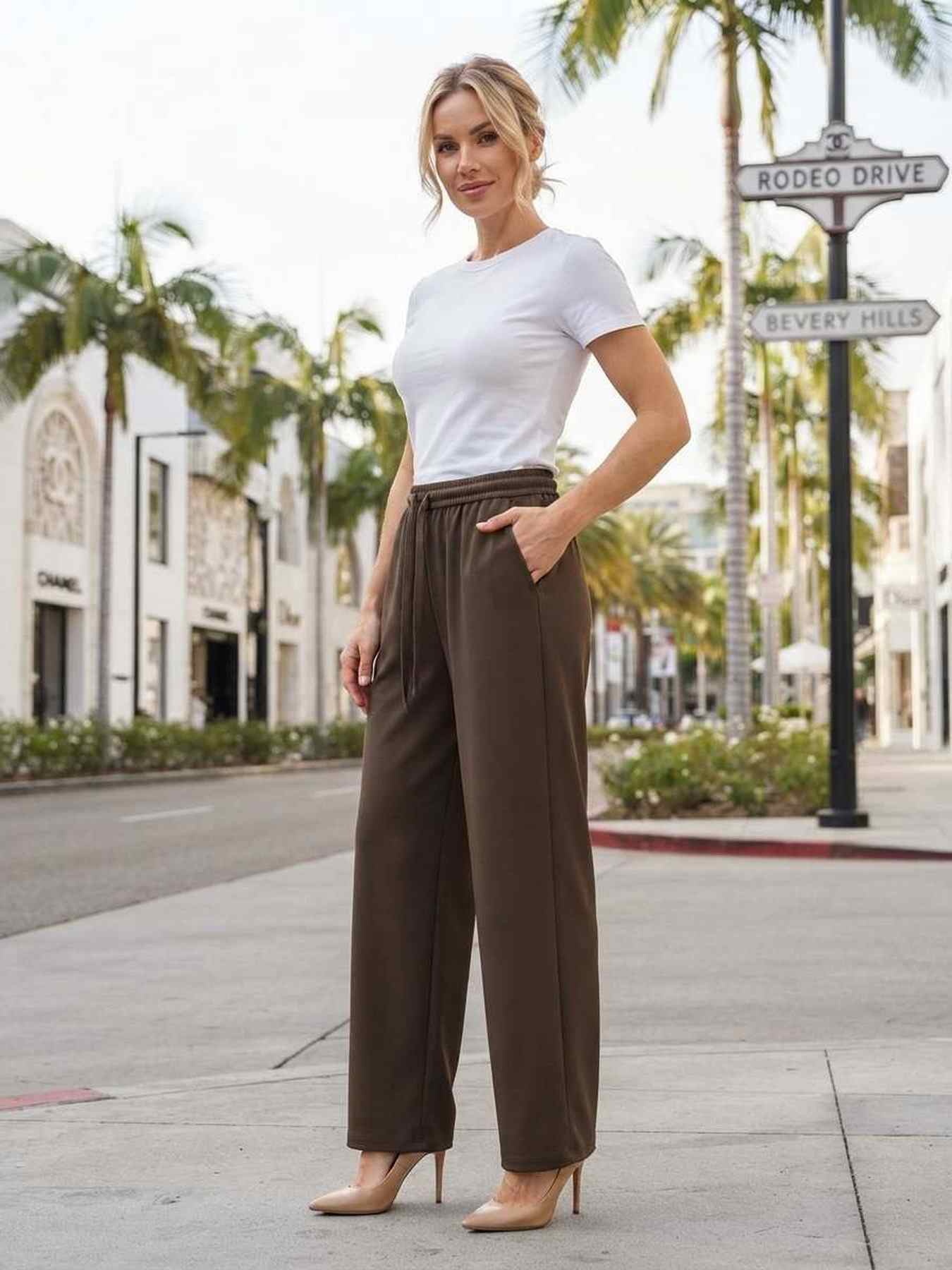 Pantalon long femme jambe droite décontracté
