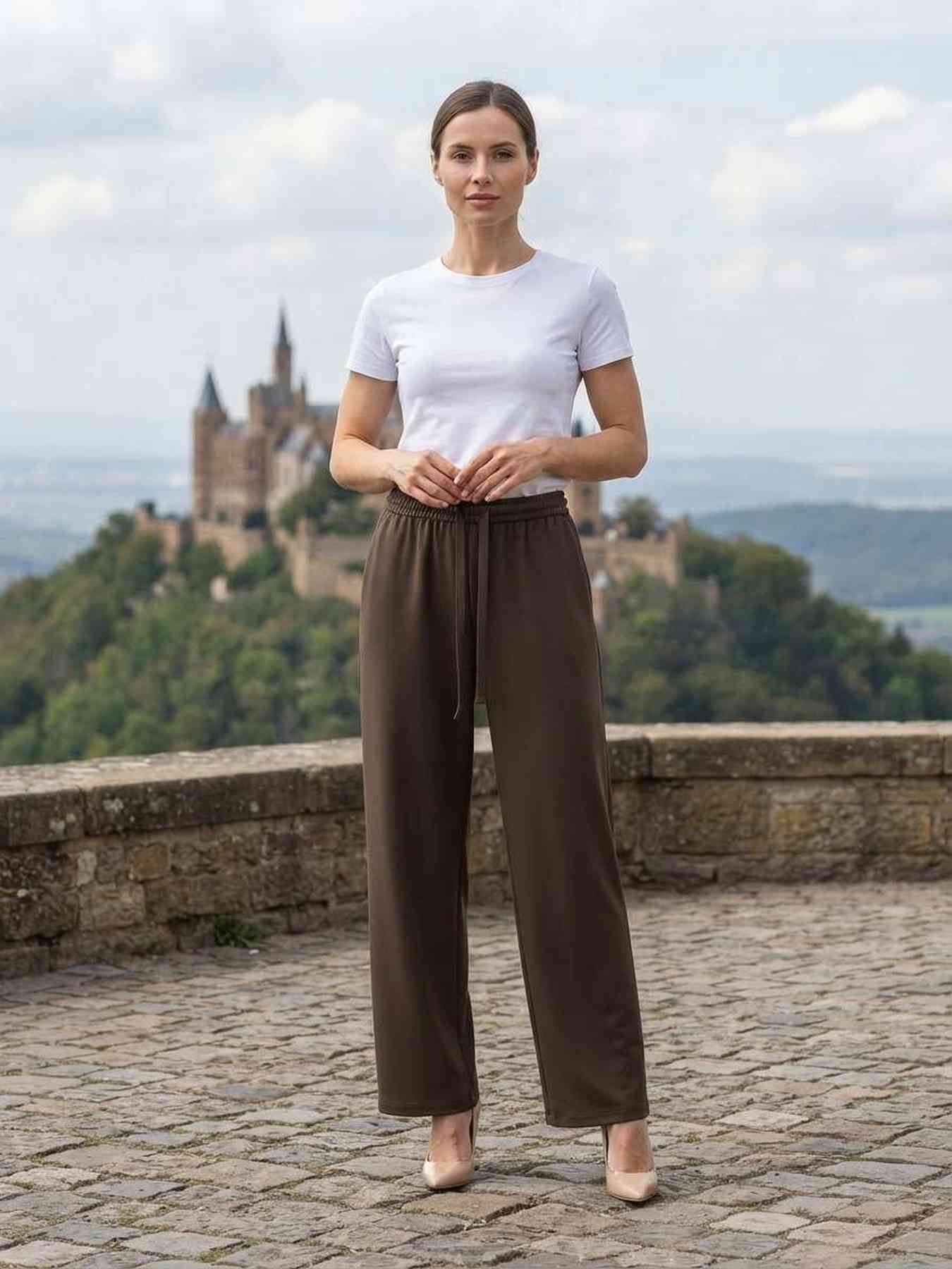Pantalon femme long, coupe droite, style décontracté avec cordon