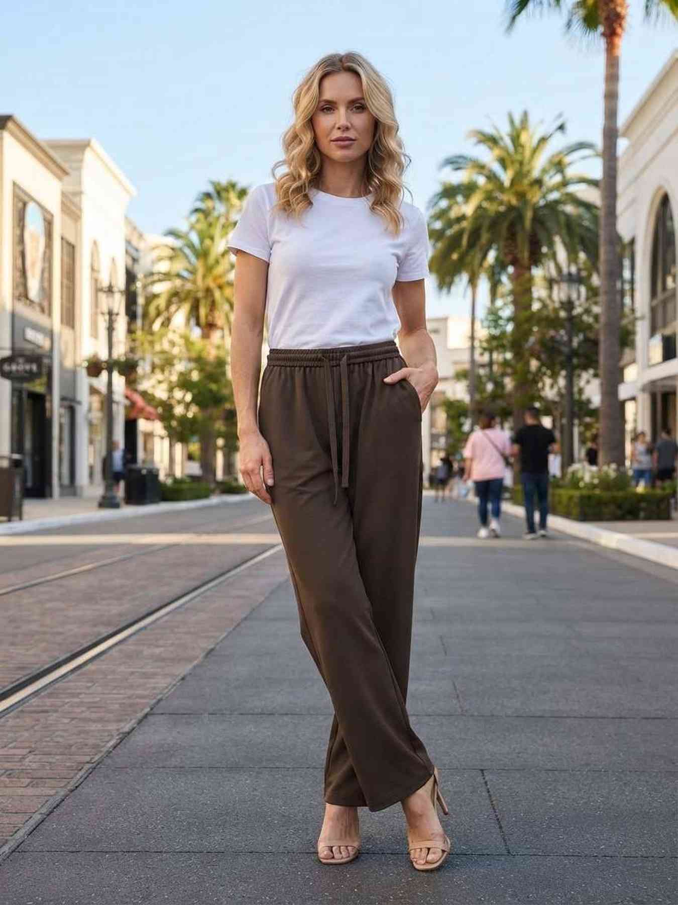 Pantalon décontracté femme jambe droite avec cordon