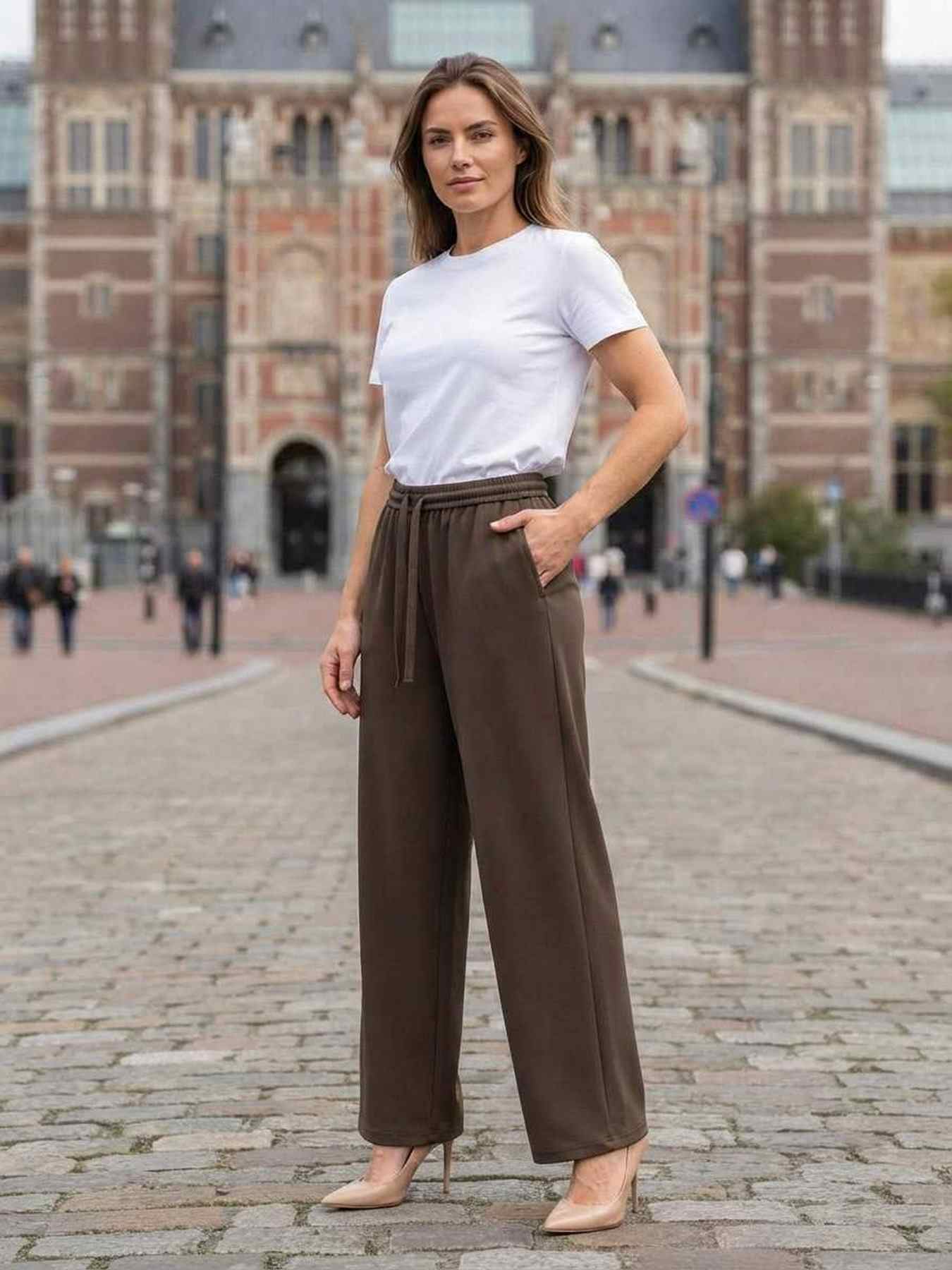 Pantalon casual femme jambe droite décontracté sportif cordon