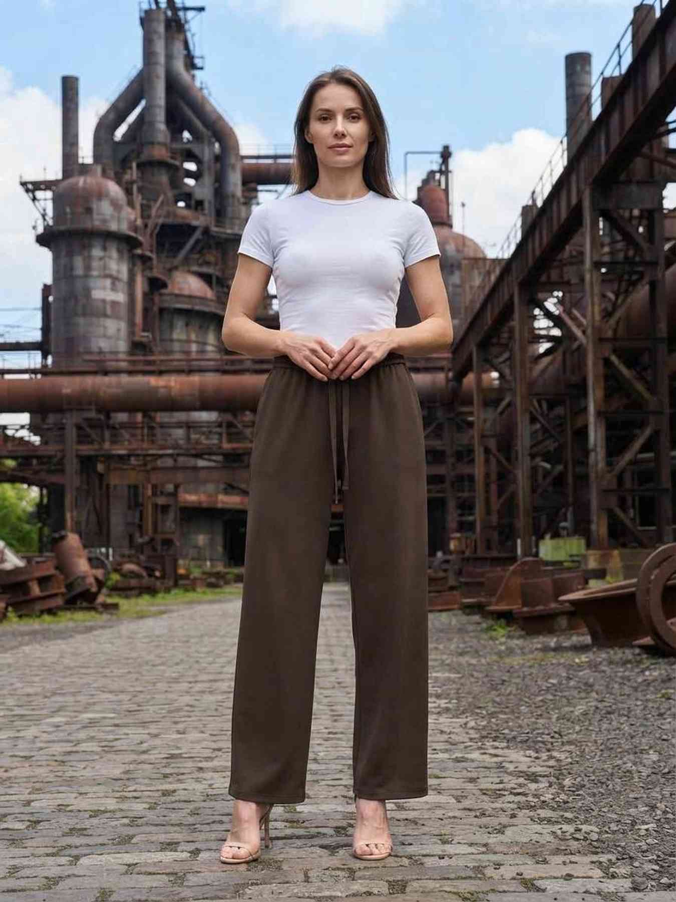 Pantalon casual femme jambe droite décontracté sportif cordon