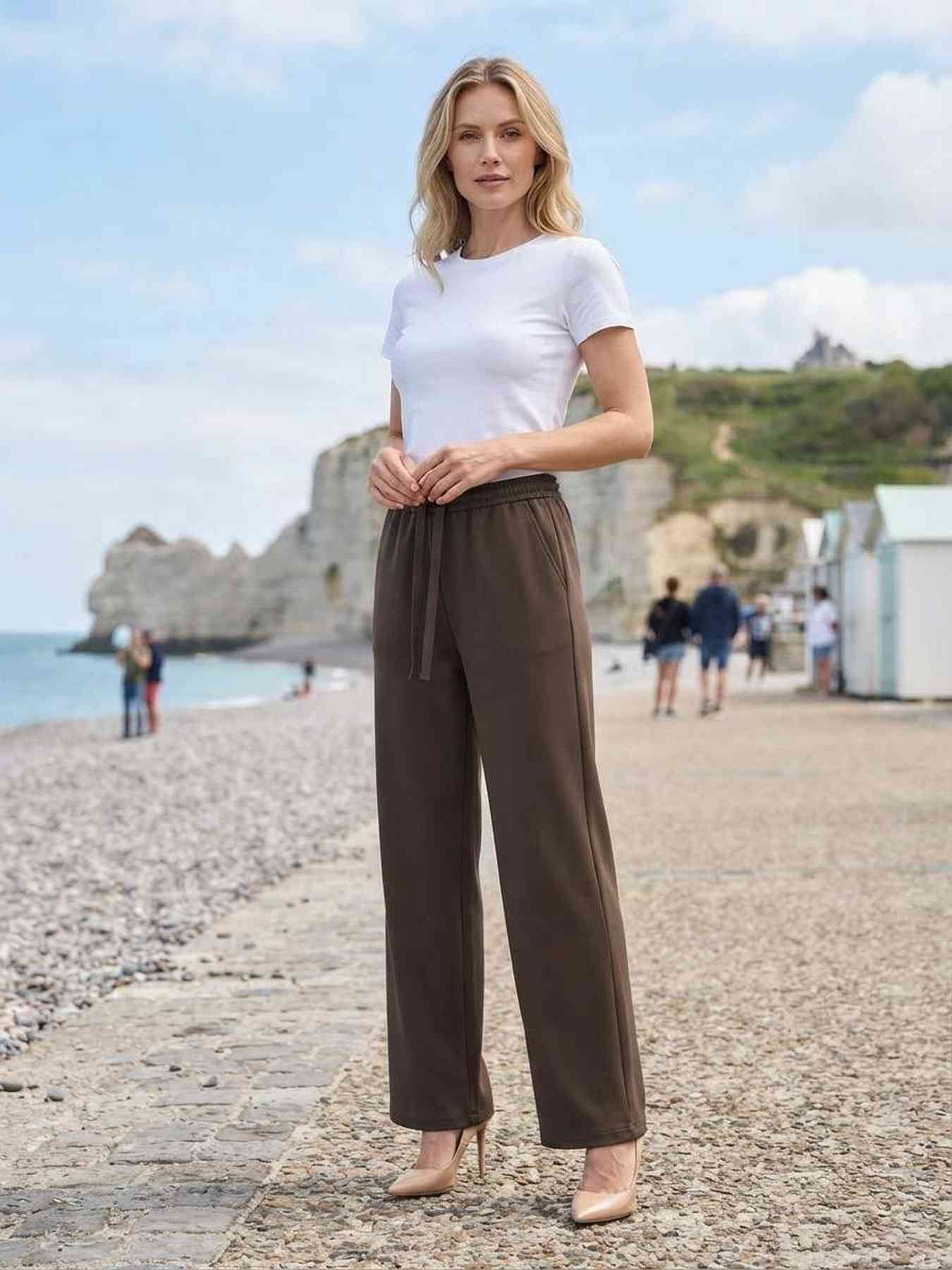 Pantalon femme casual, jambe droite, cordon de serrage