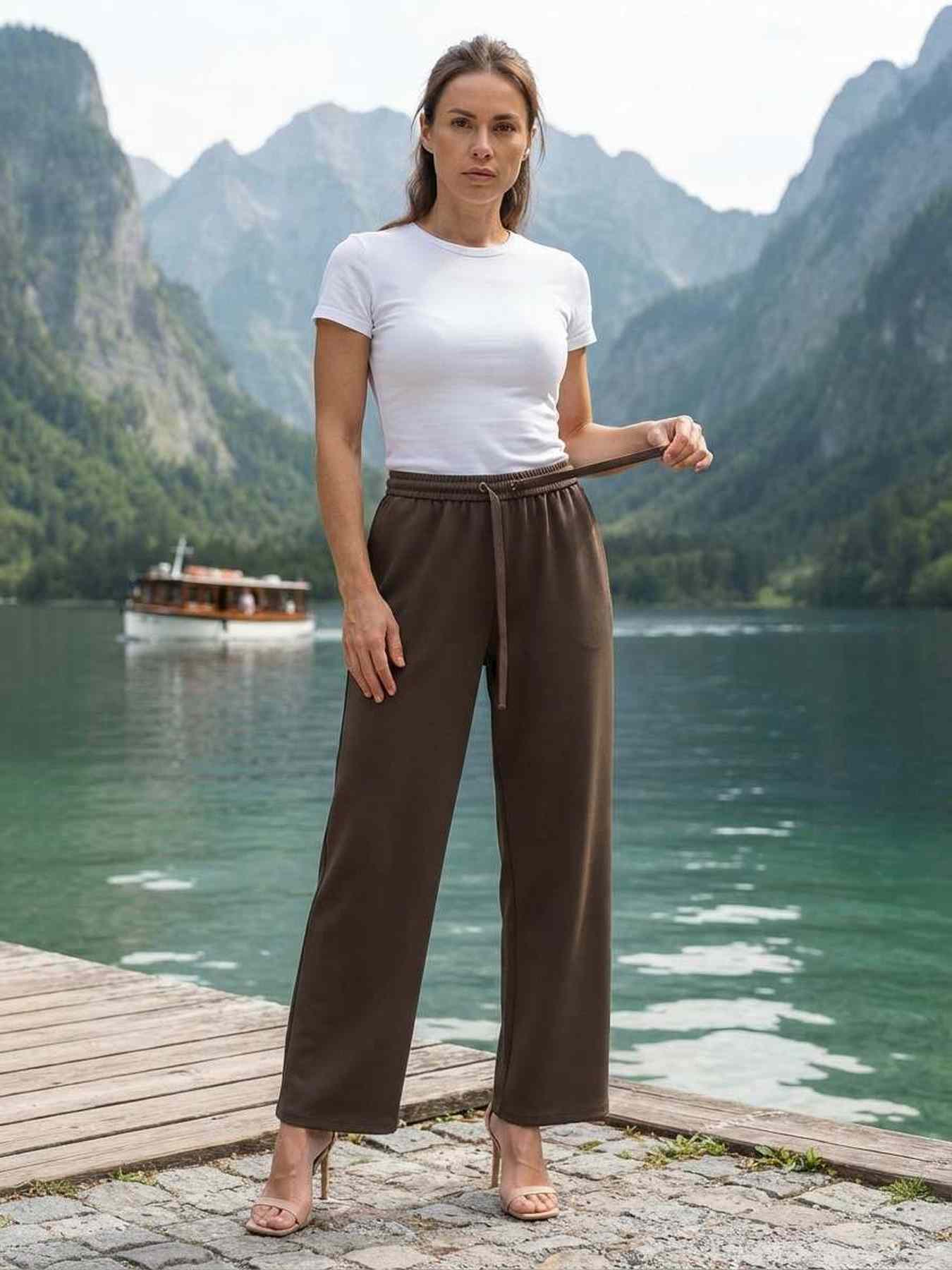 Pantalon femme casual, jambe droite, cordon de serrage