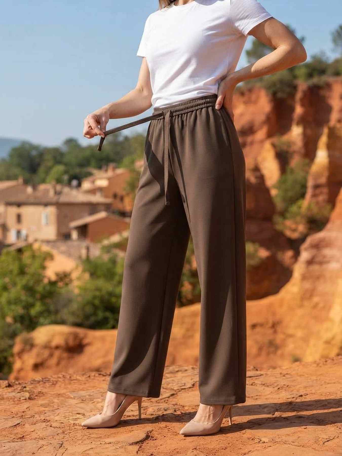 Pantalon long femme, coupe droite, décontracté, cordon de serrage