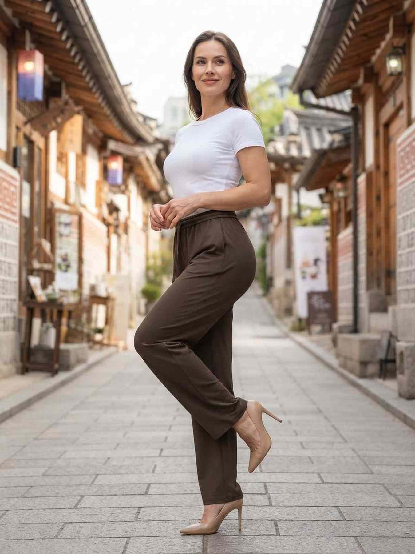 Pantalon long femme casual droit, sport, cordon, usage quotidien