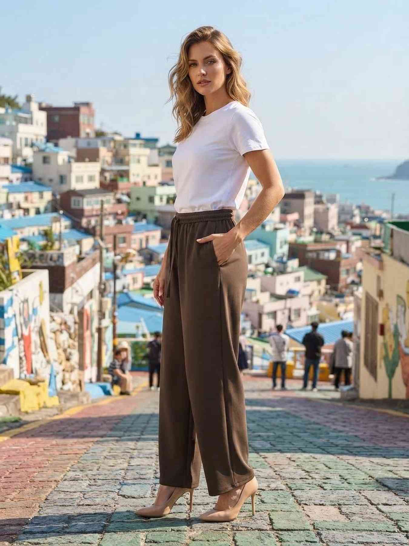 Pantalon long femme jambe droite décontracté