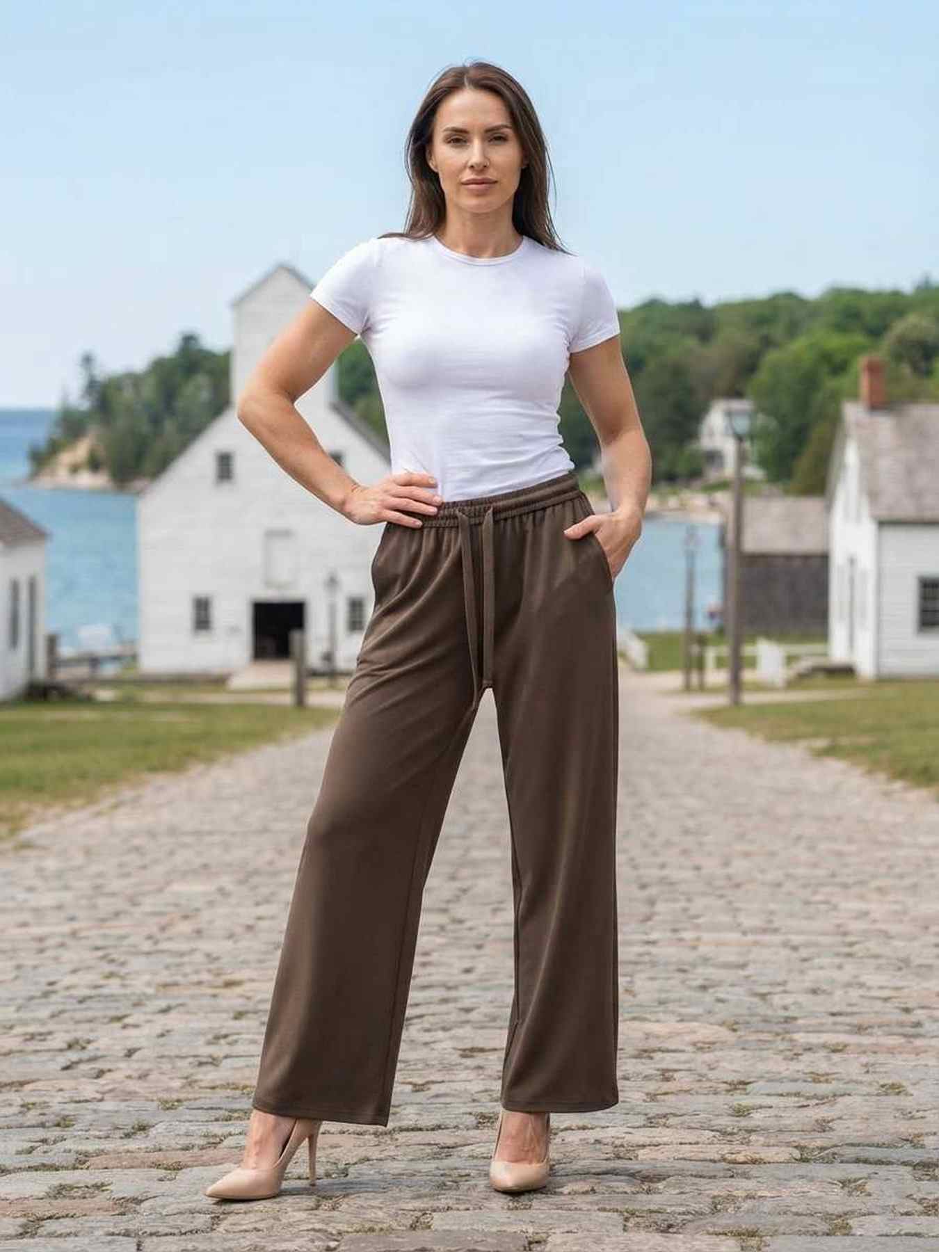 Pantalon long femme jambe droite décontracté