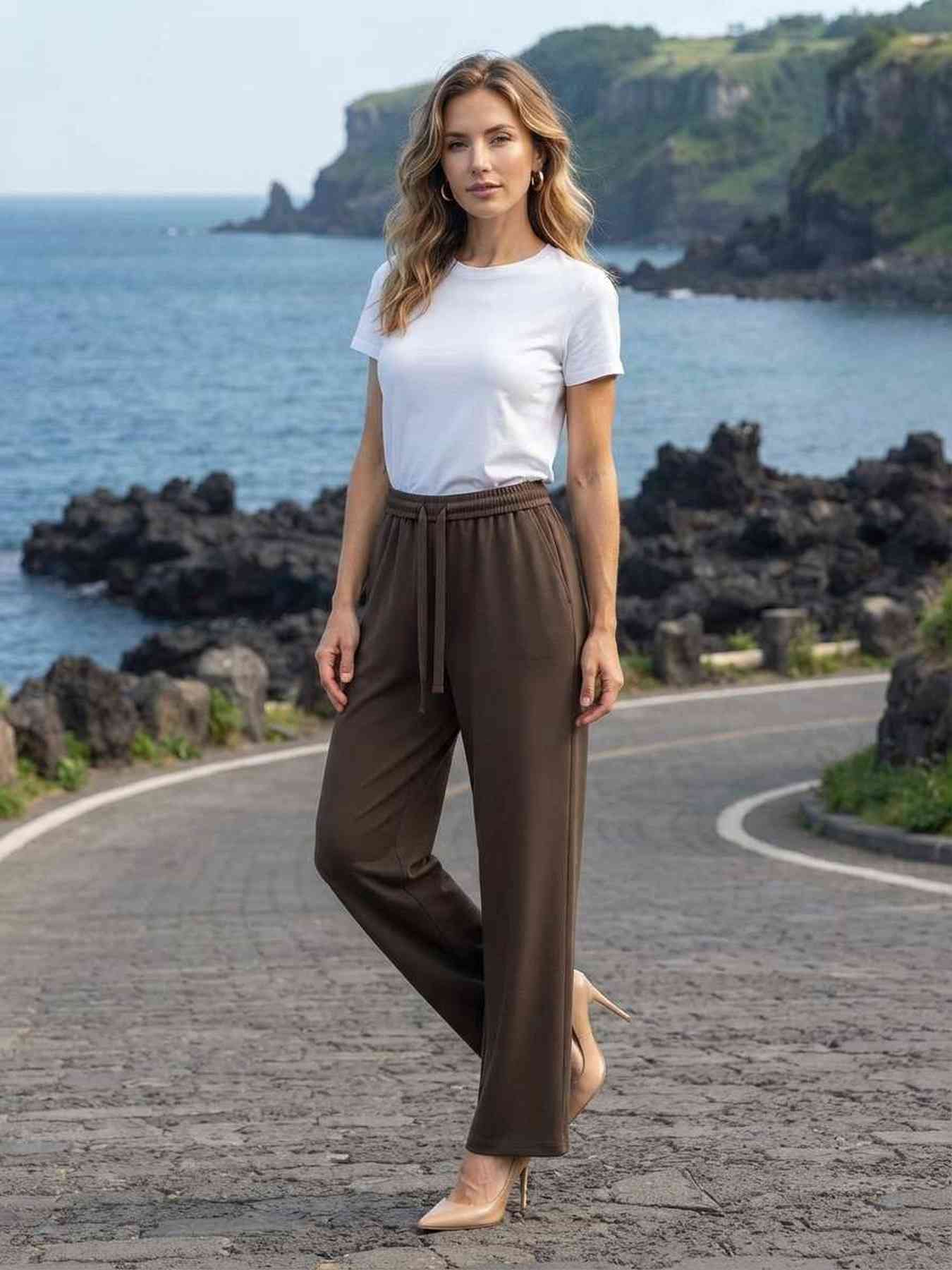 Pantalon long femme jambe droite décontracté