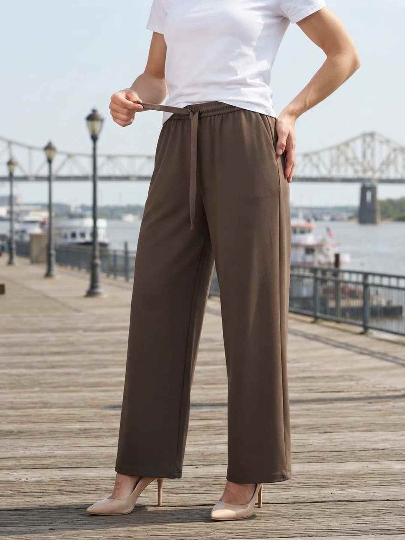 Pantalon casual femme long, jambe droite, sportif, cordon de serrage, usage quotidien