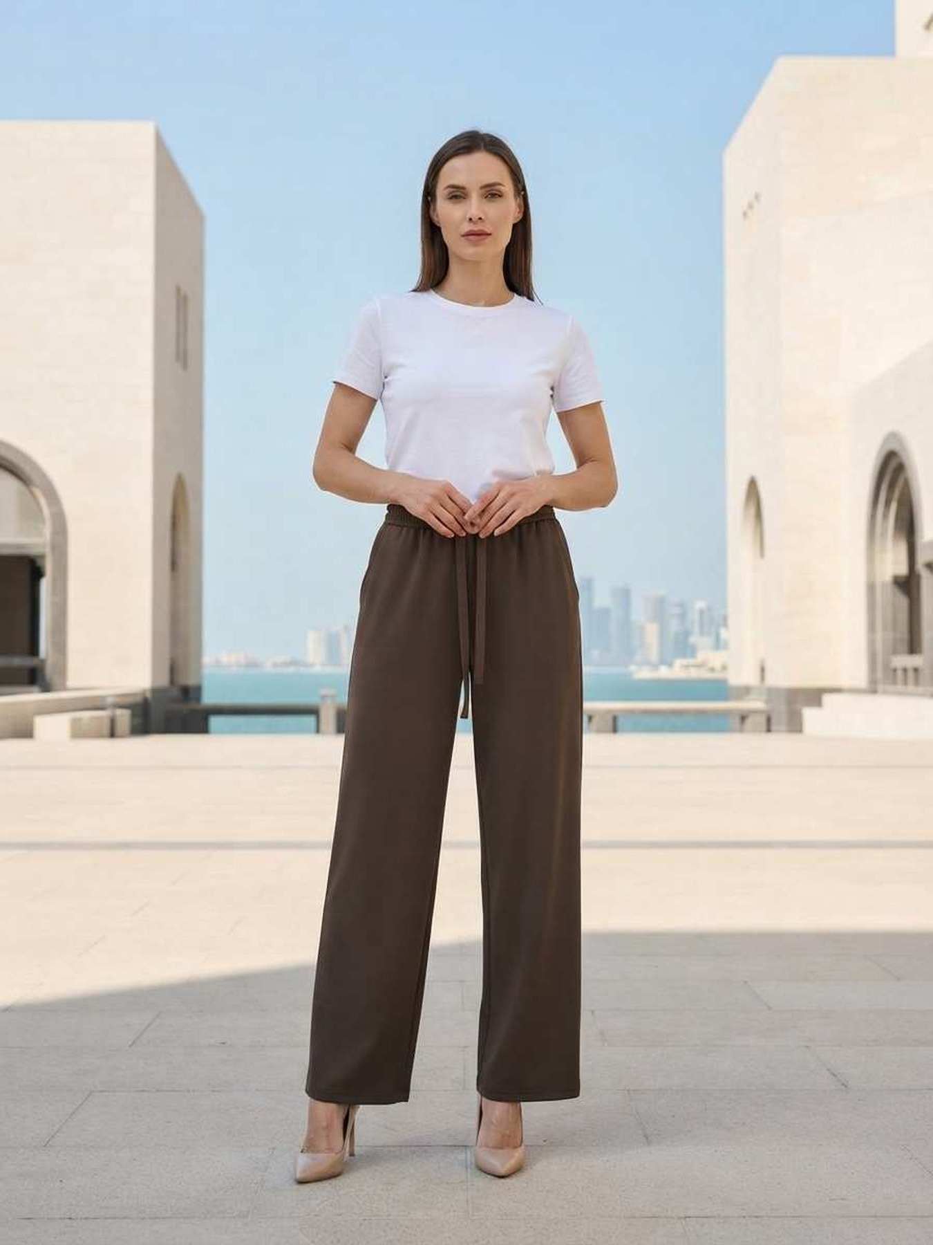 Pantalon casual femme long, jambe droite, sportif, cordon de serrage, usage quotidien