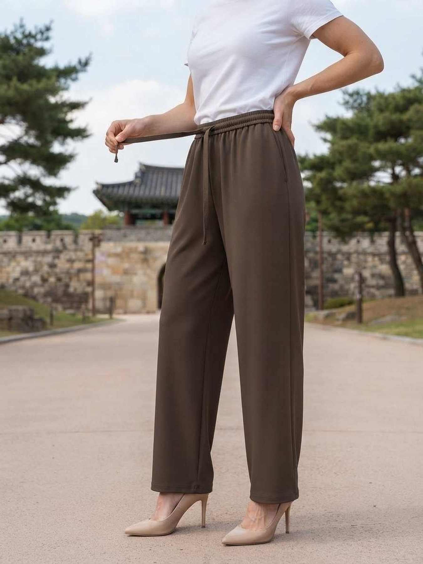 Pantalon long femme jambe droite décontracté