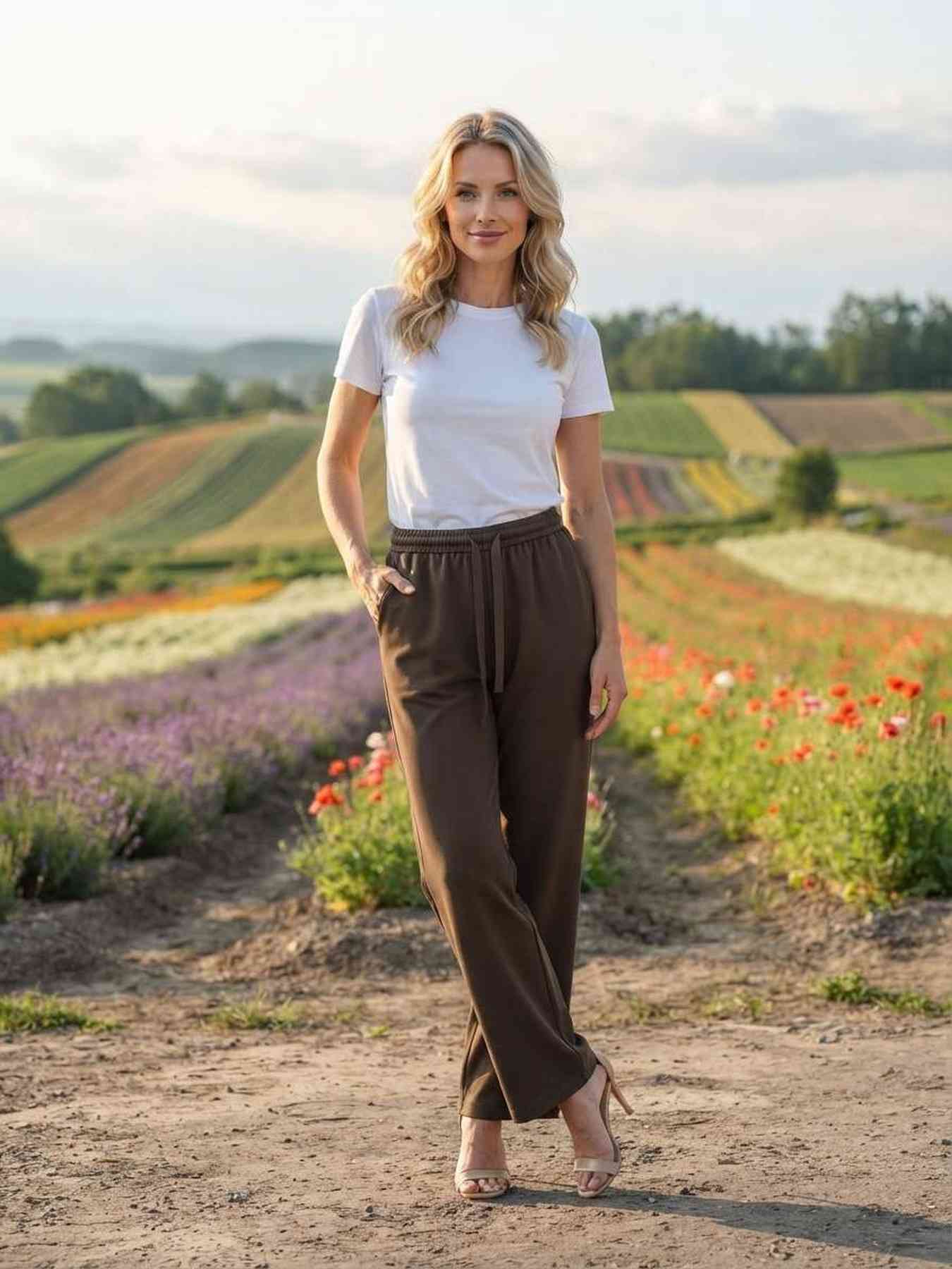 Pantalon femme long, coupe droite, style décontracté avec cordon