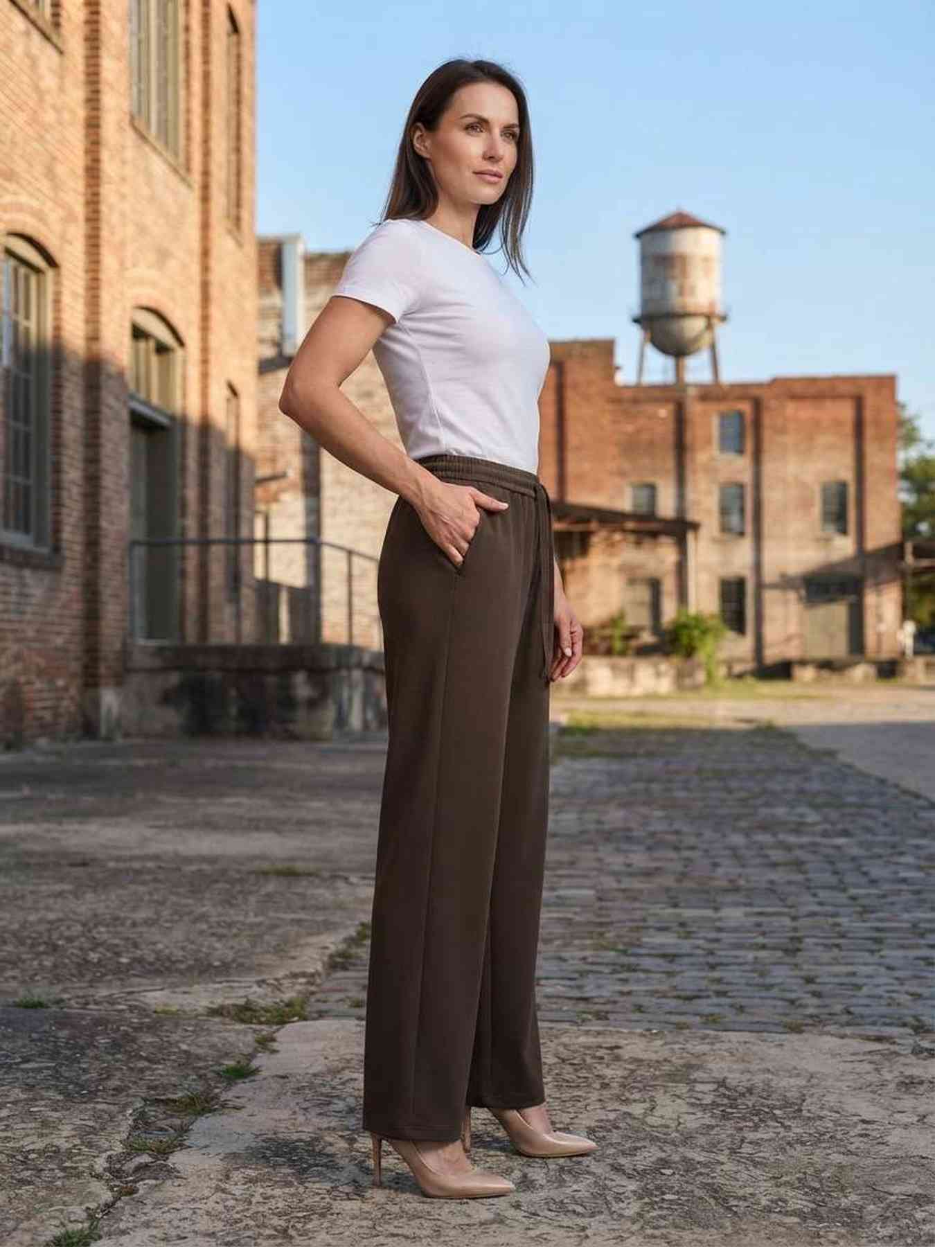 Pantalon long femme jambe droite décontracté