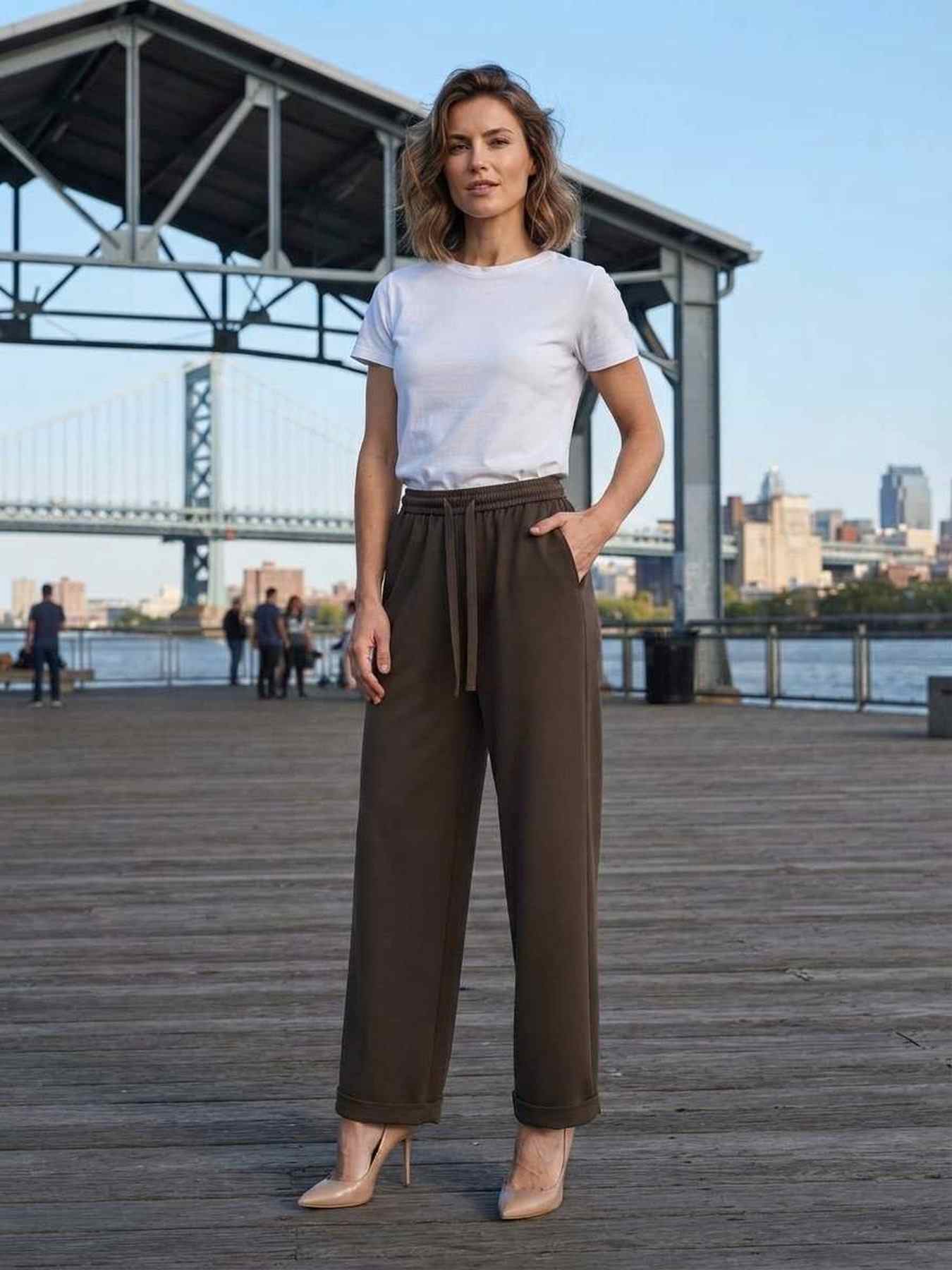Pantalon long femme, coupe droite, décontracté, cordon de serrage