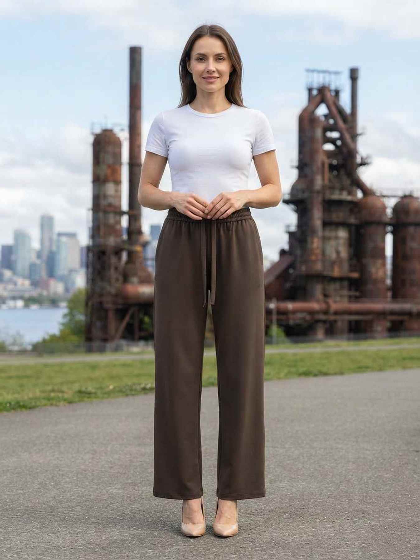 Pantalon long femme jambe droite décontracté