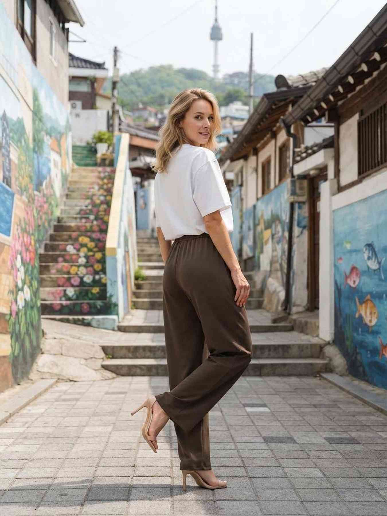 Pantalon long femme jambe droite casual