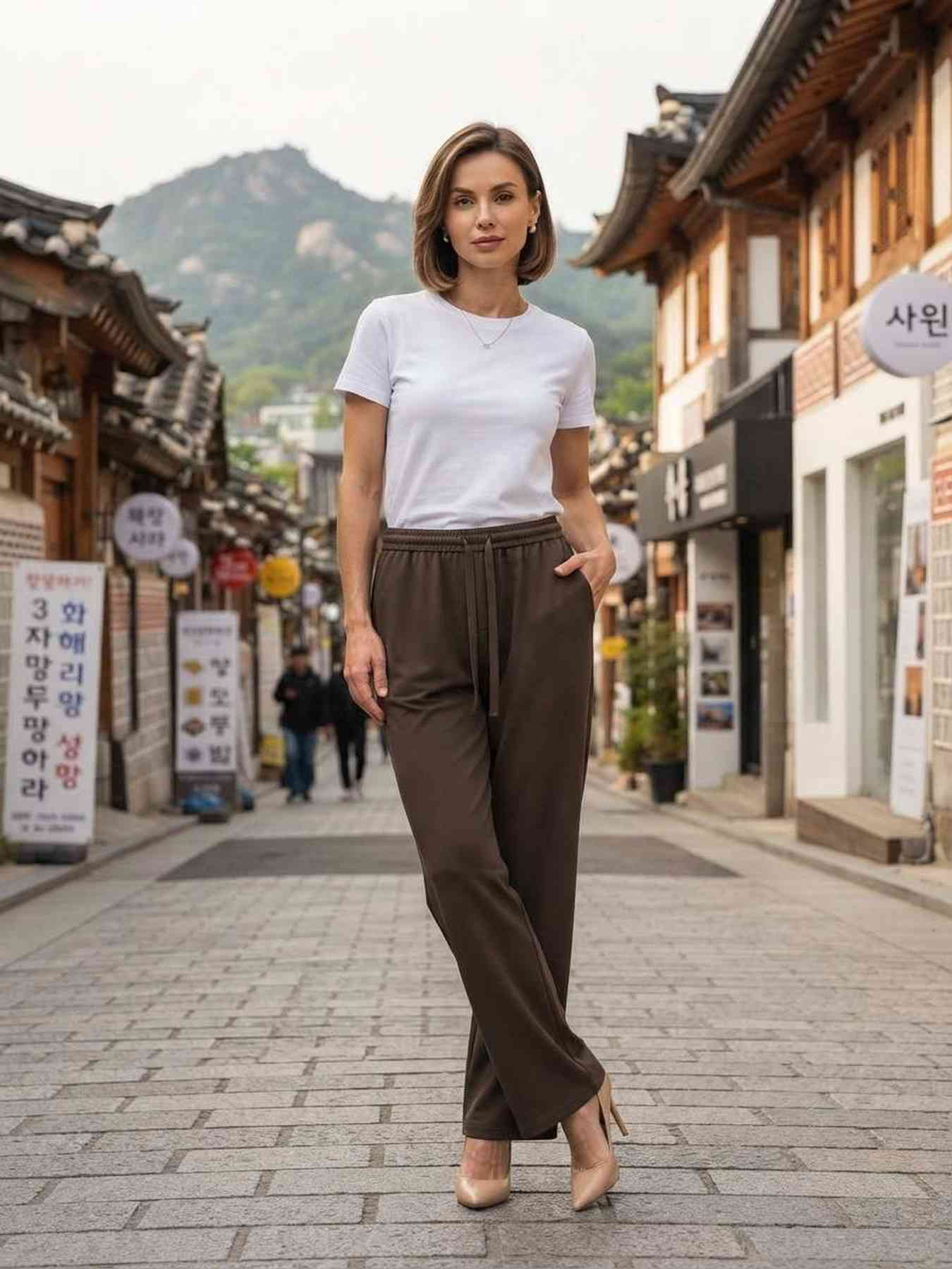Pantalon décontracté femme jambe droite avec cordon