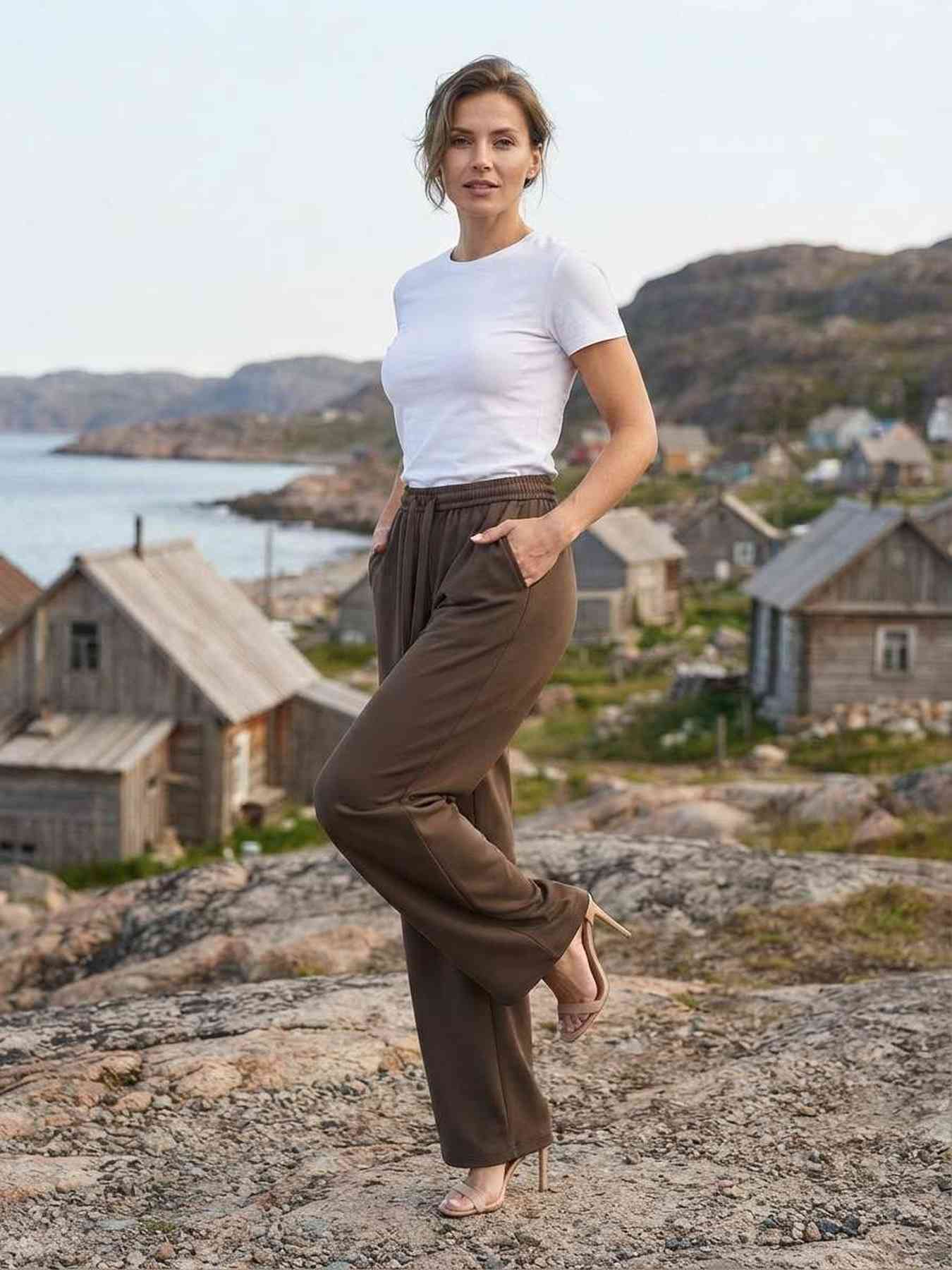 Pantalon long femme jambe droite décontracté