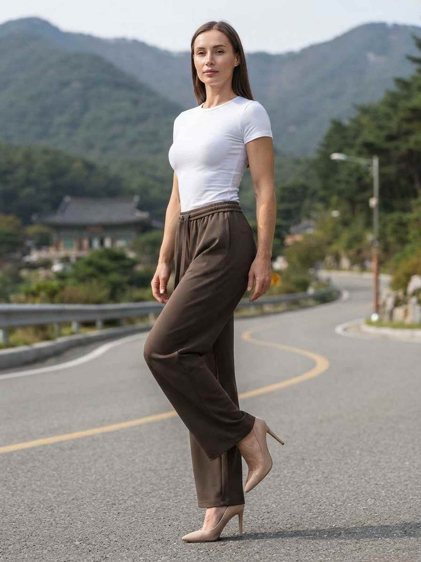 Pantalon décontracté femme, jambe droite, usage quotidien
