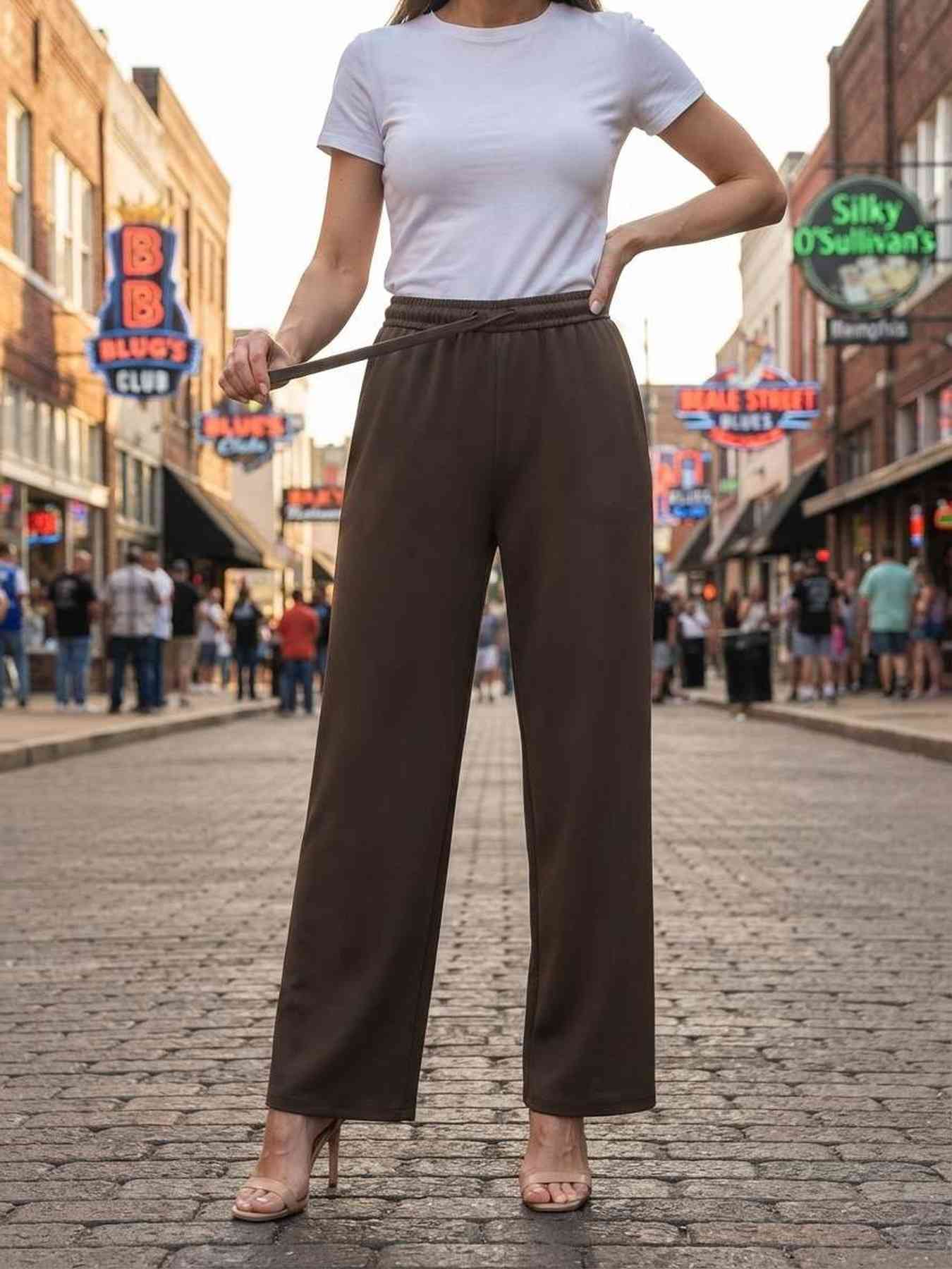 Pantalon décontracté femme jambe droite avec cordon