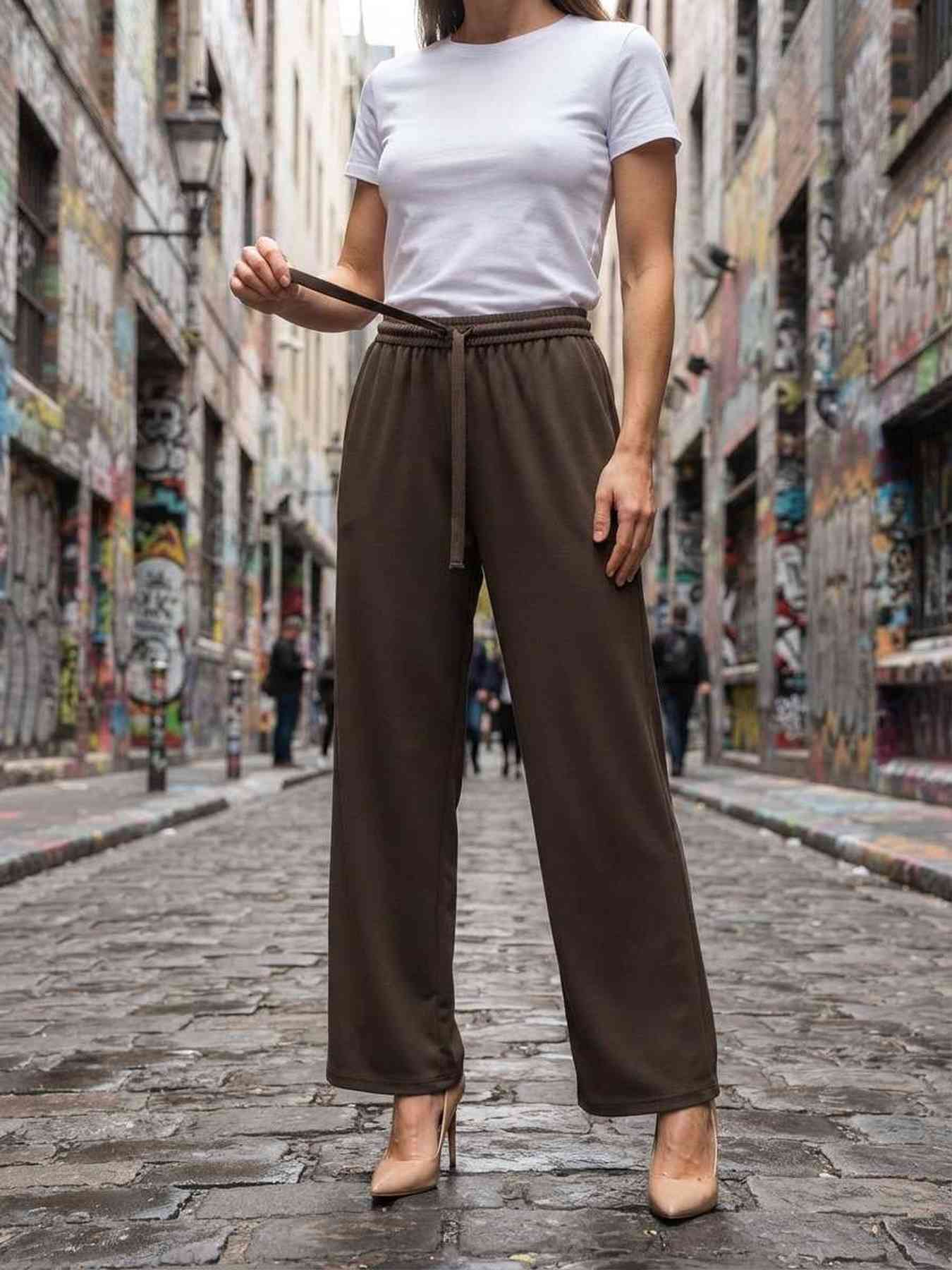 Pantalon long femme, jambe droite, casual sportif, cordon, usage quotidien
