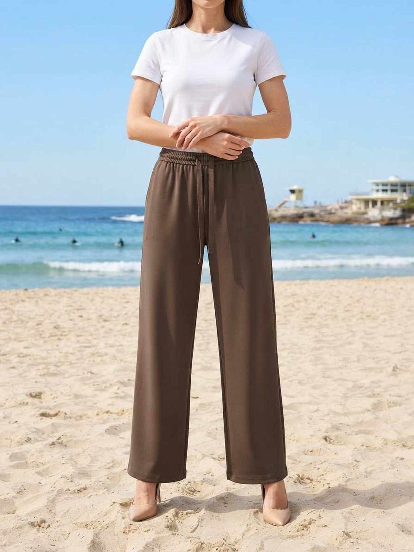 Pantalon long femme casual droit, sport, cordon, usage quotidien