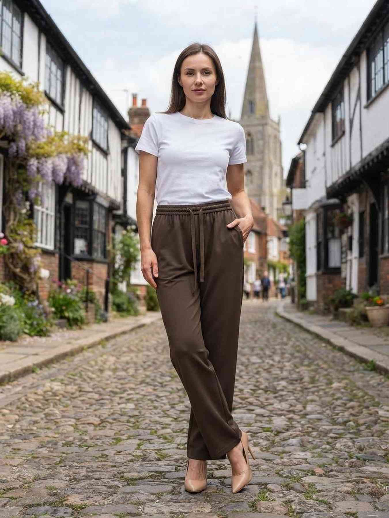 Pantalon long femme jambe droite décontracté
