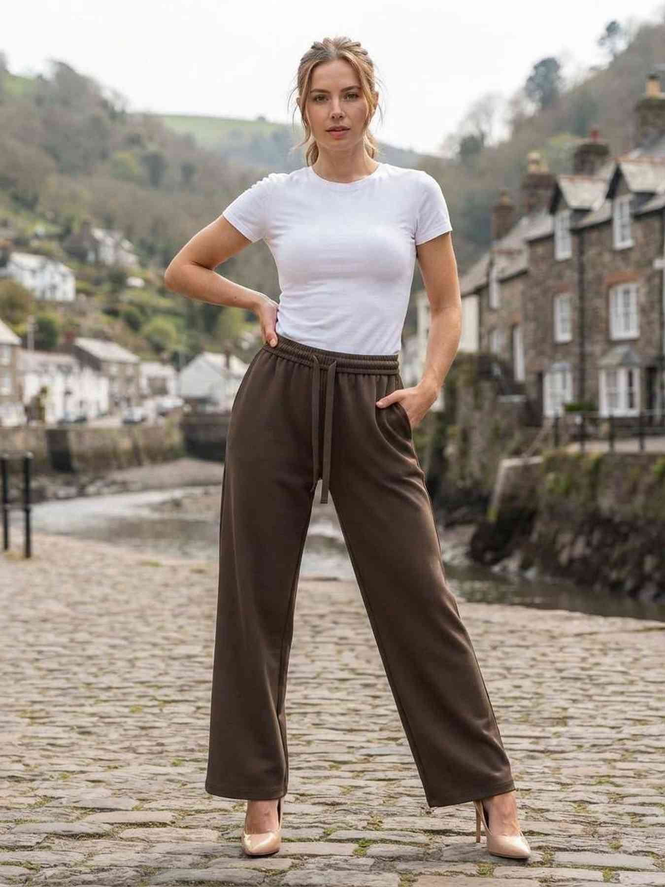 Pantalon décontracté femme, jambe droite, usage quotidien