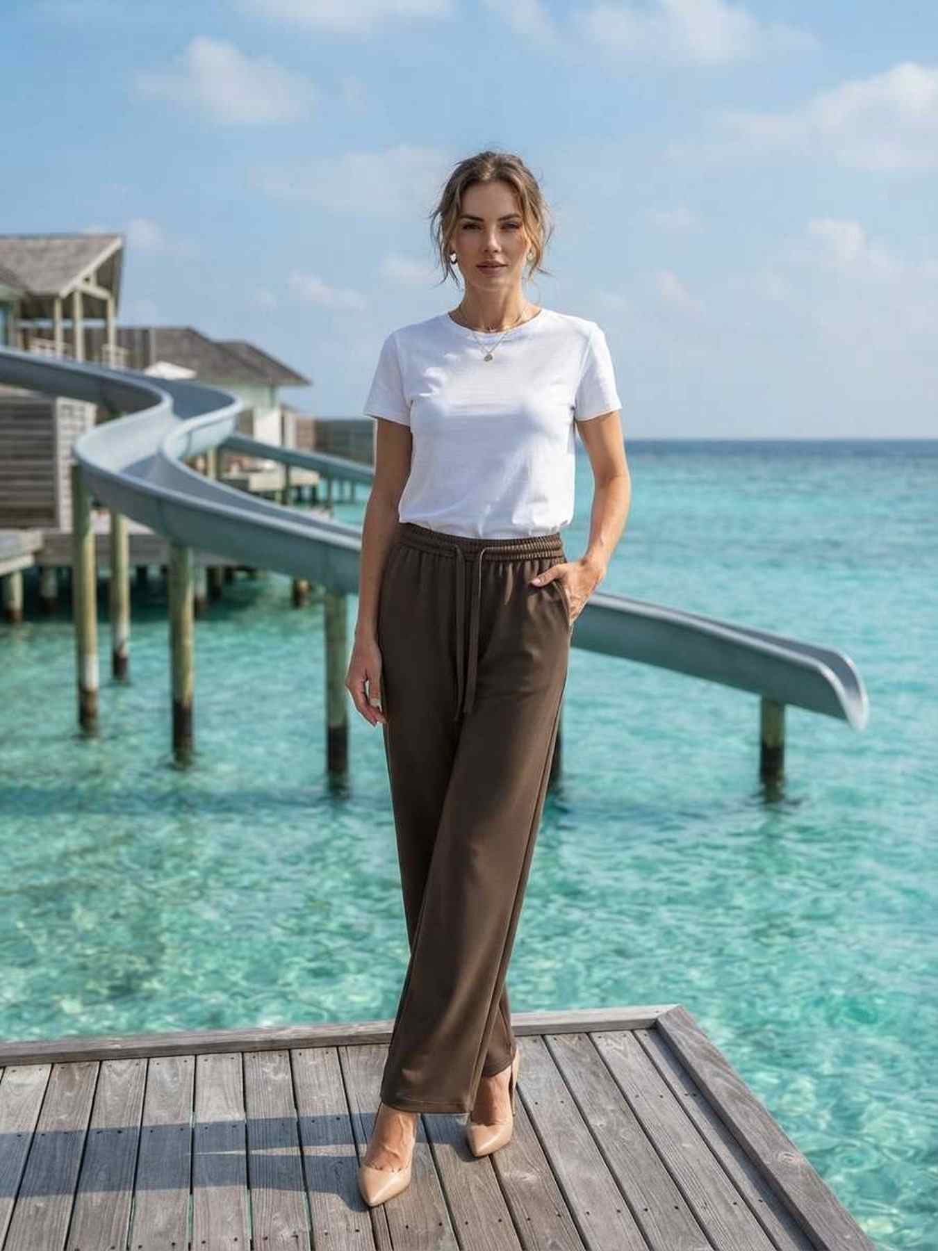 Pantalon long femme jambe droite décontracté
