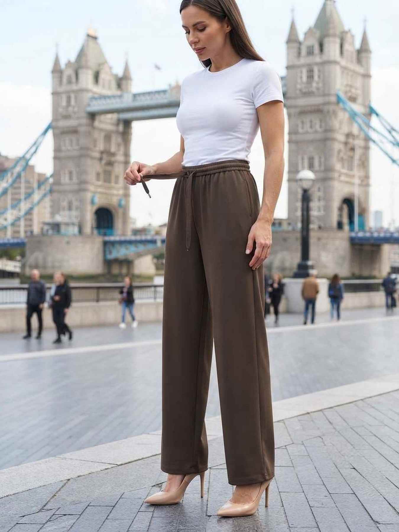 Pantalon femme long jambe droite casual sportif à cordons