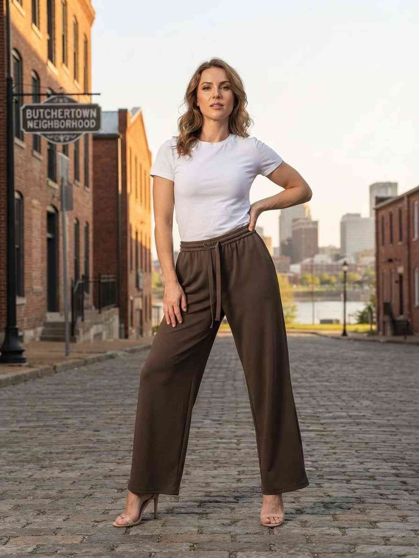 Pantalon long femme casual, jambe droite, sportif, cordon de serrage