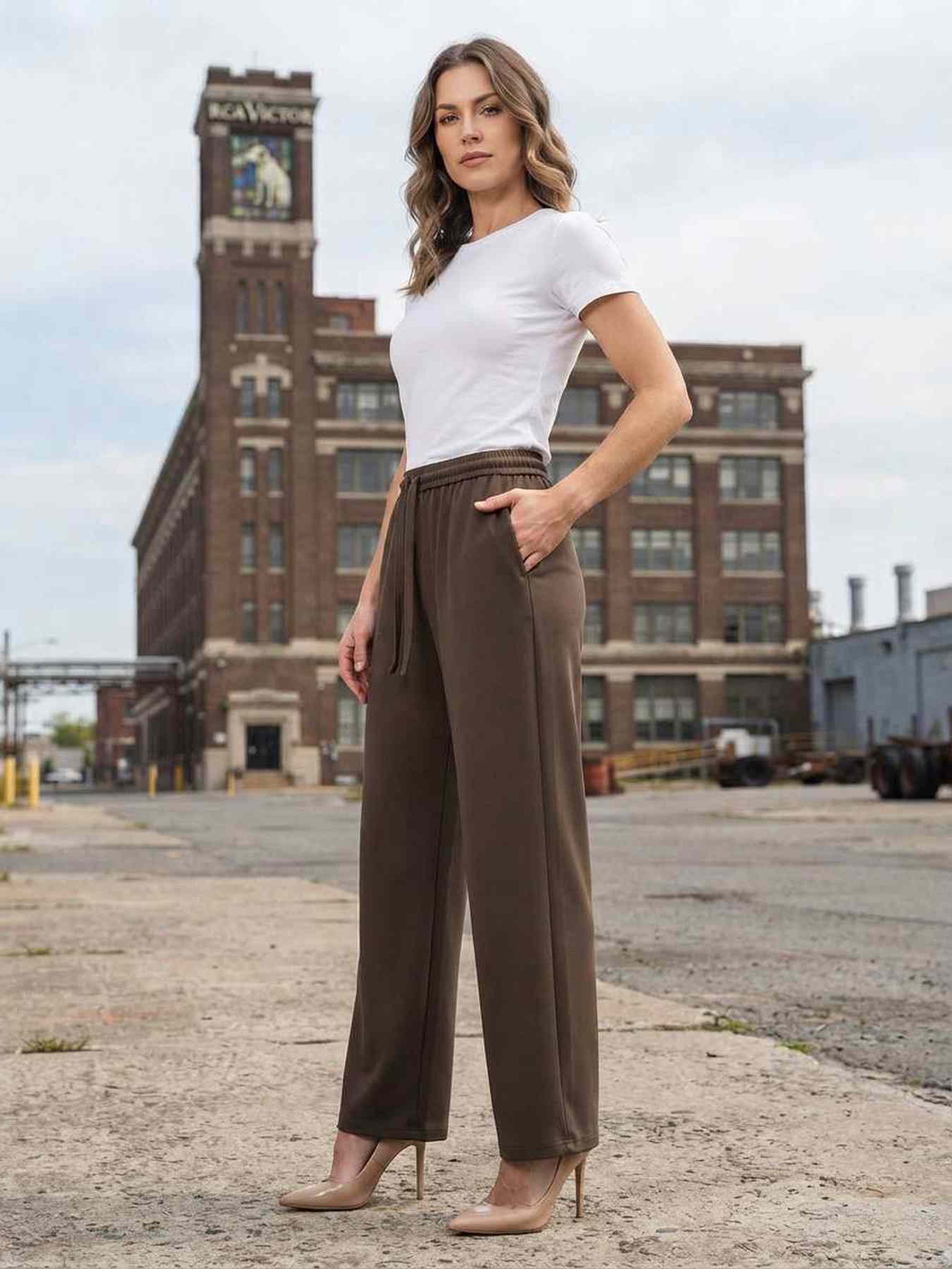 Pantalon long femme jambe droite décontracté