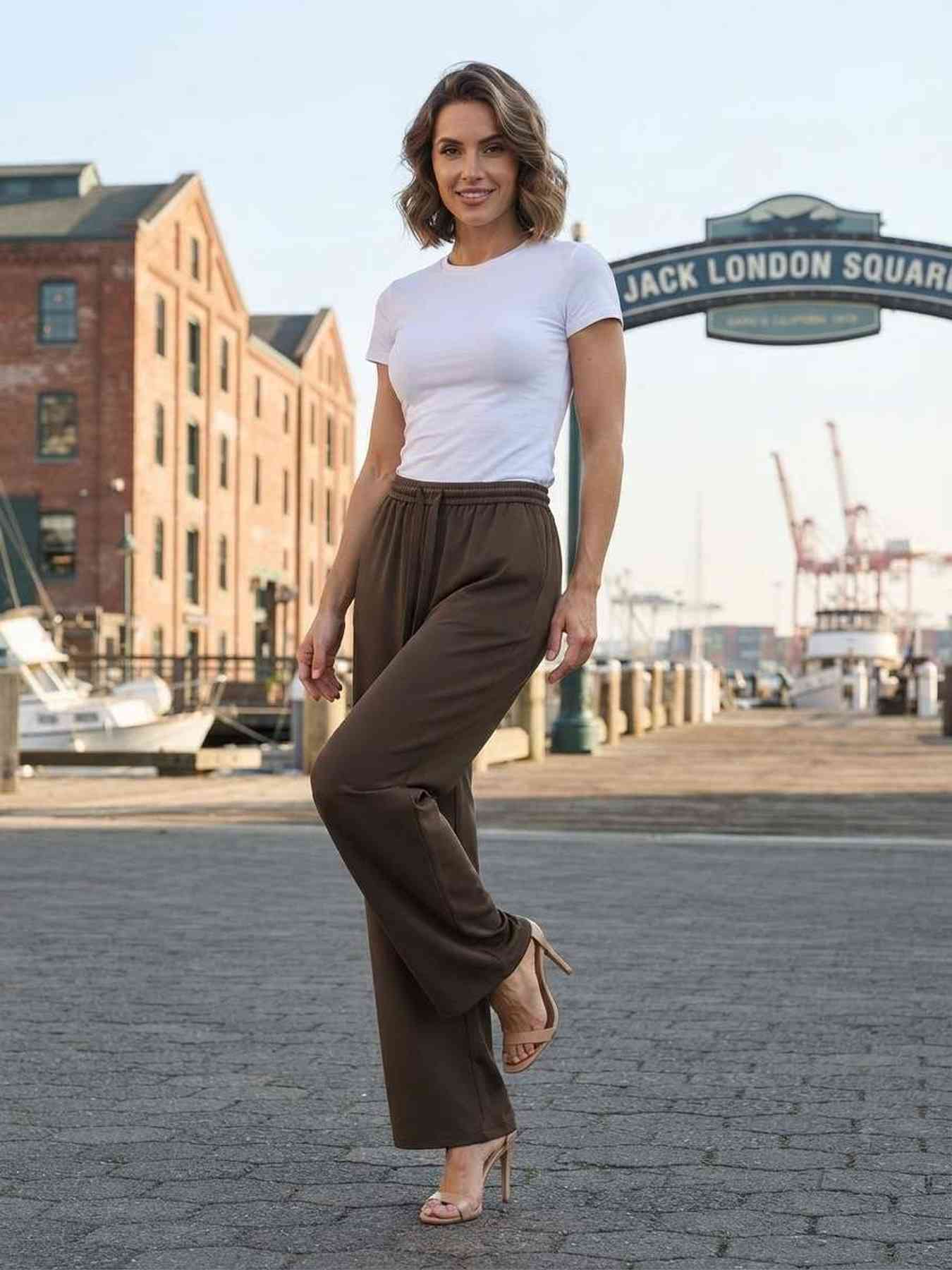 Pantalon femme long jambe droite casual sportif à cordons