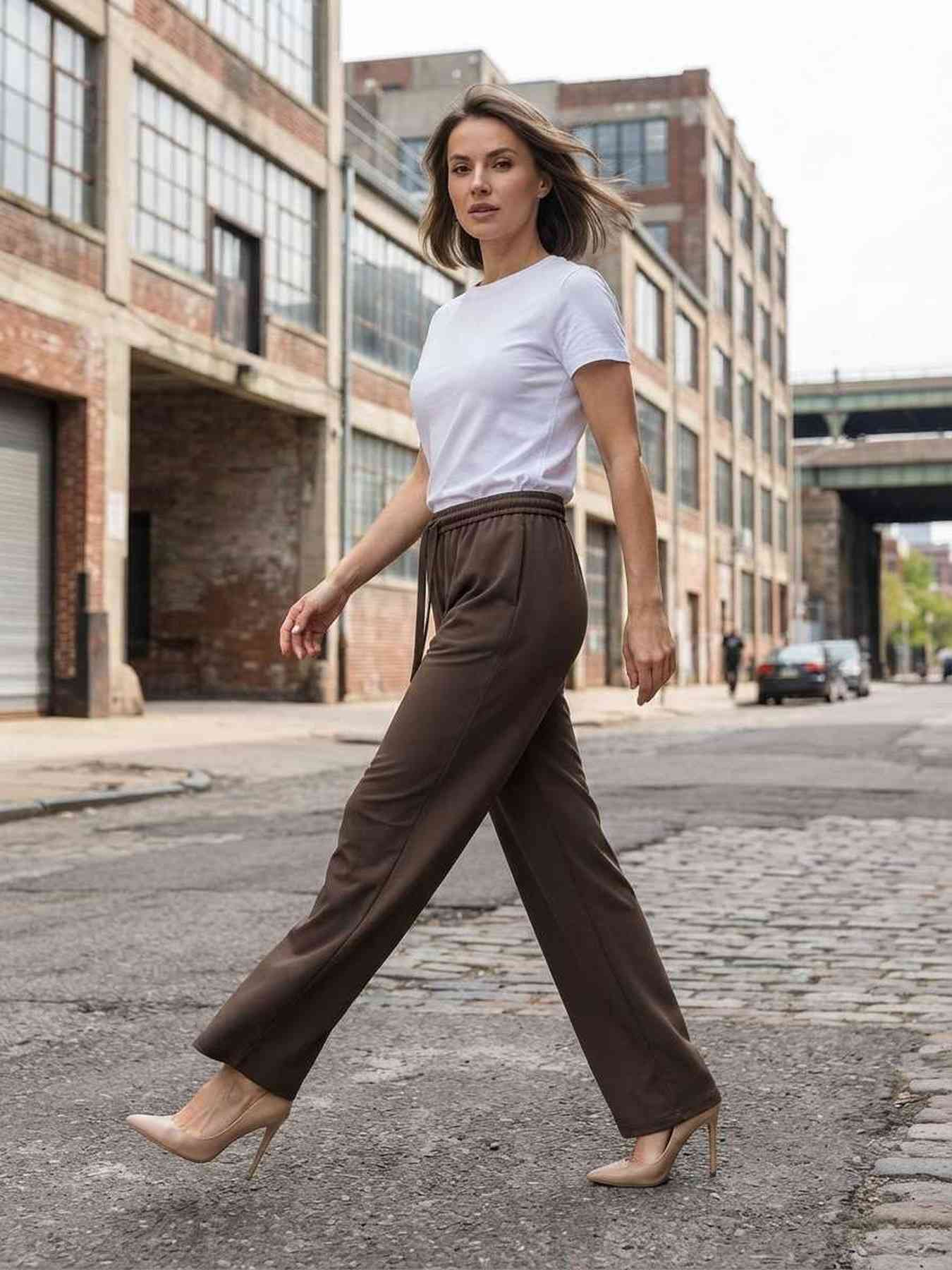 Pantalon long femme jambe droite décontracté