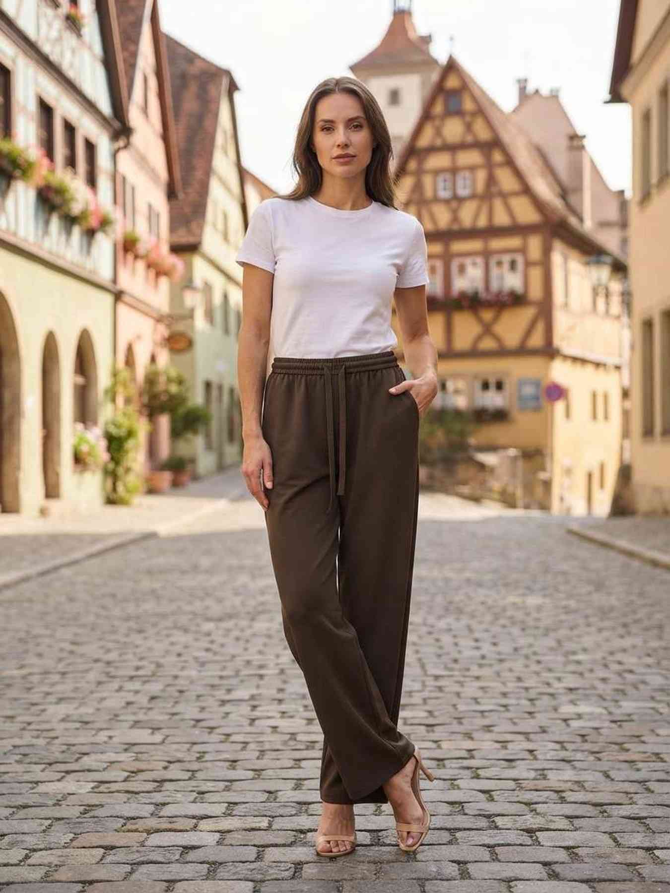 Pantalon femme long jambe droite casual sportif à cordons
