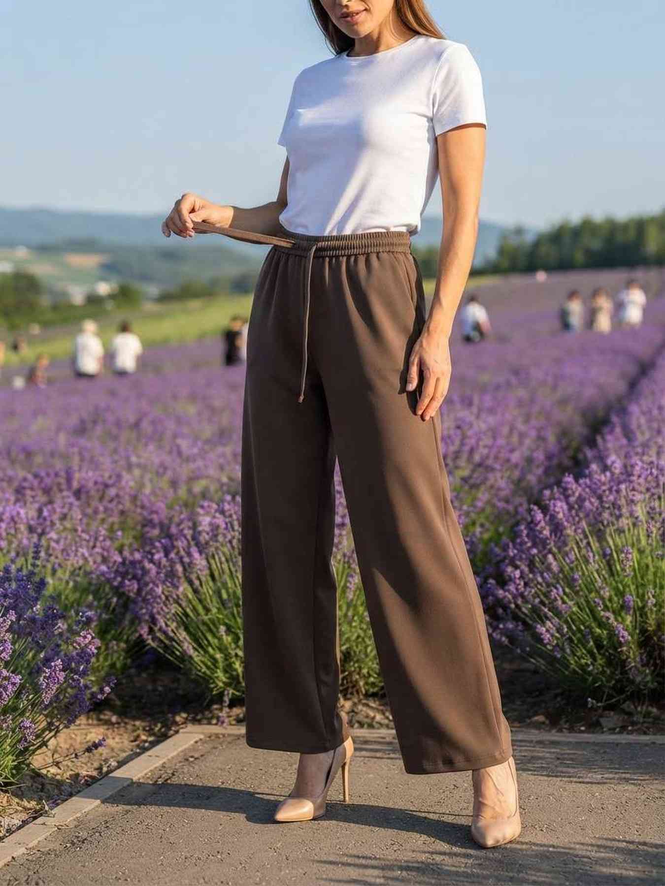 Pantalon femme long jambe droite casual sportif à cordons