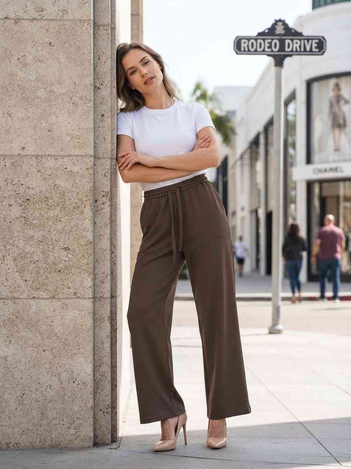 Pantalon long femme décontracté, jambe droite, sport, cordon de serrage