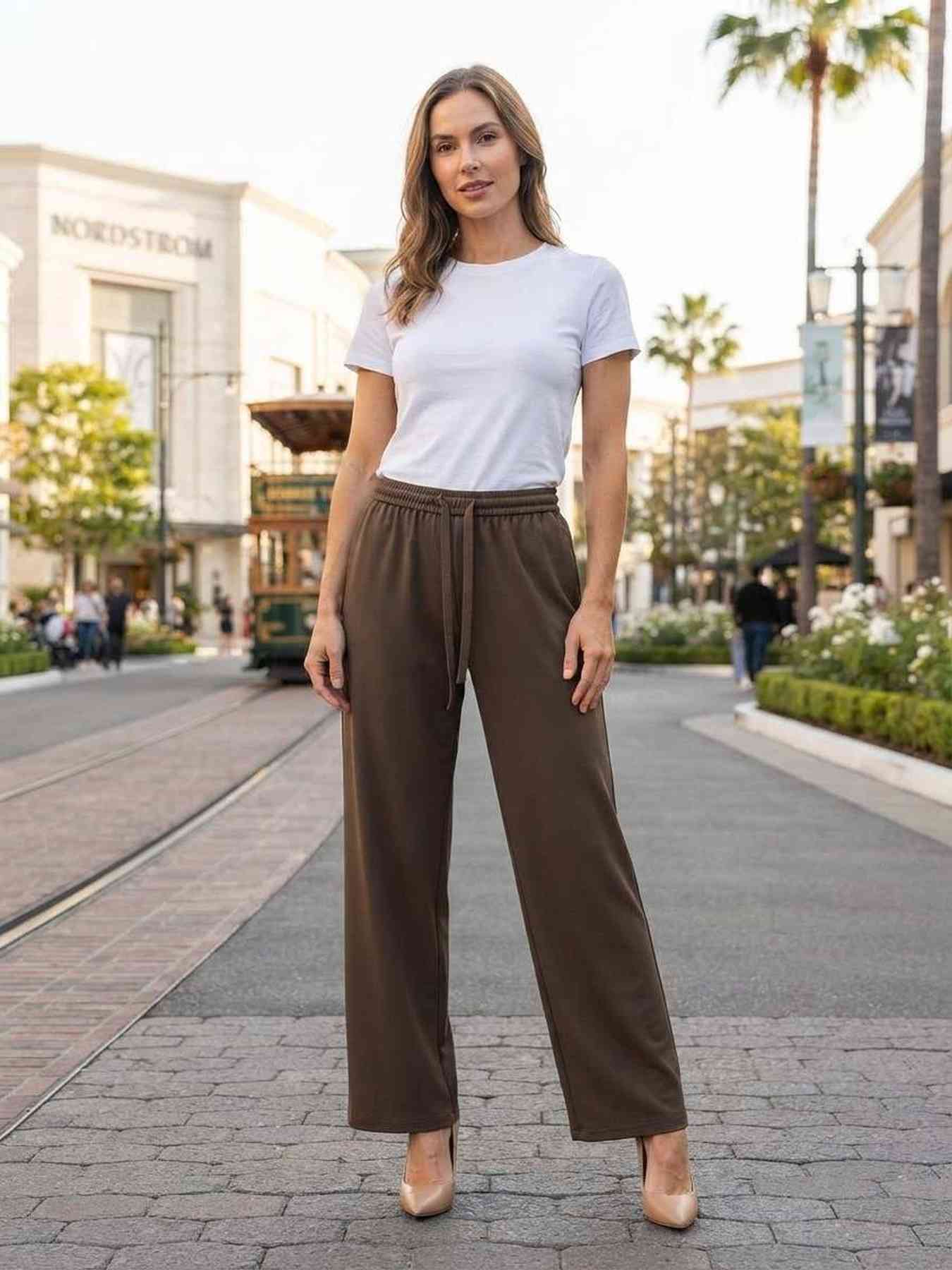 Pantalon long femme, coupe droite, décontracté, cordon de serrage