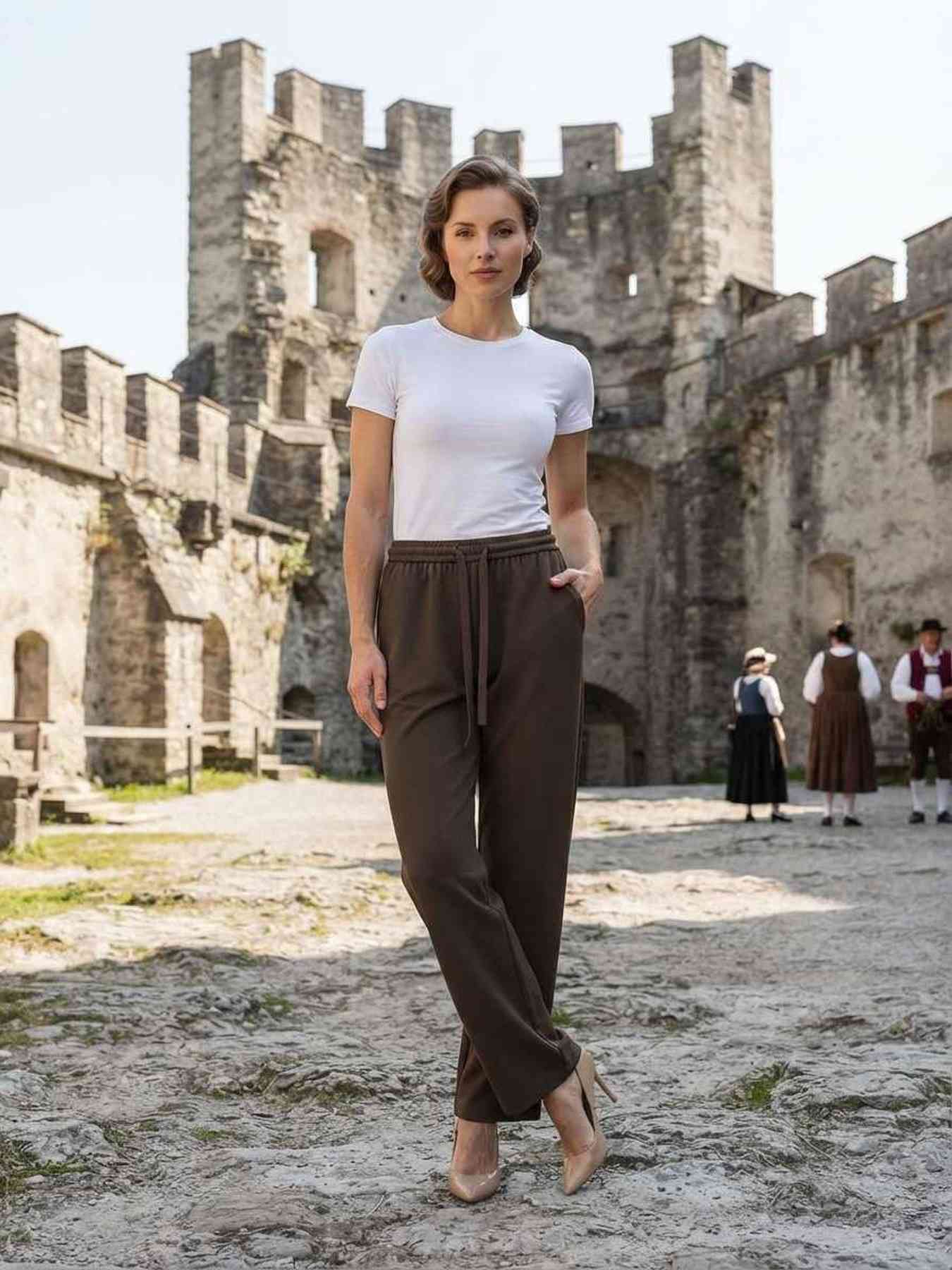 Pantalon femme long, coupe droite, style décontracté avec cordon